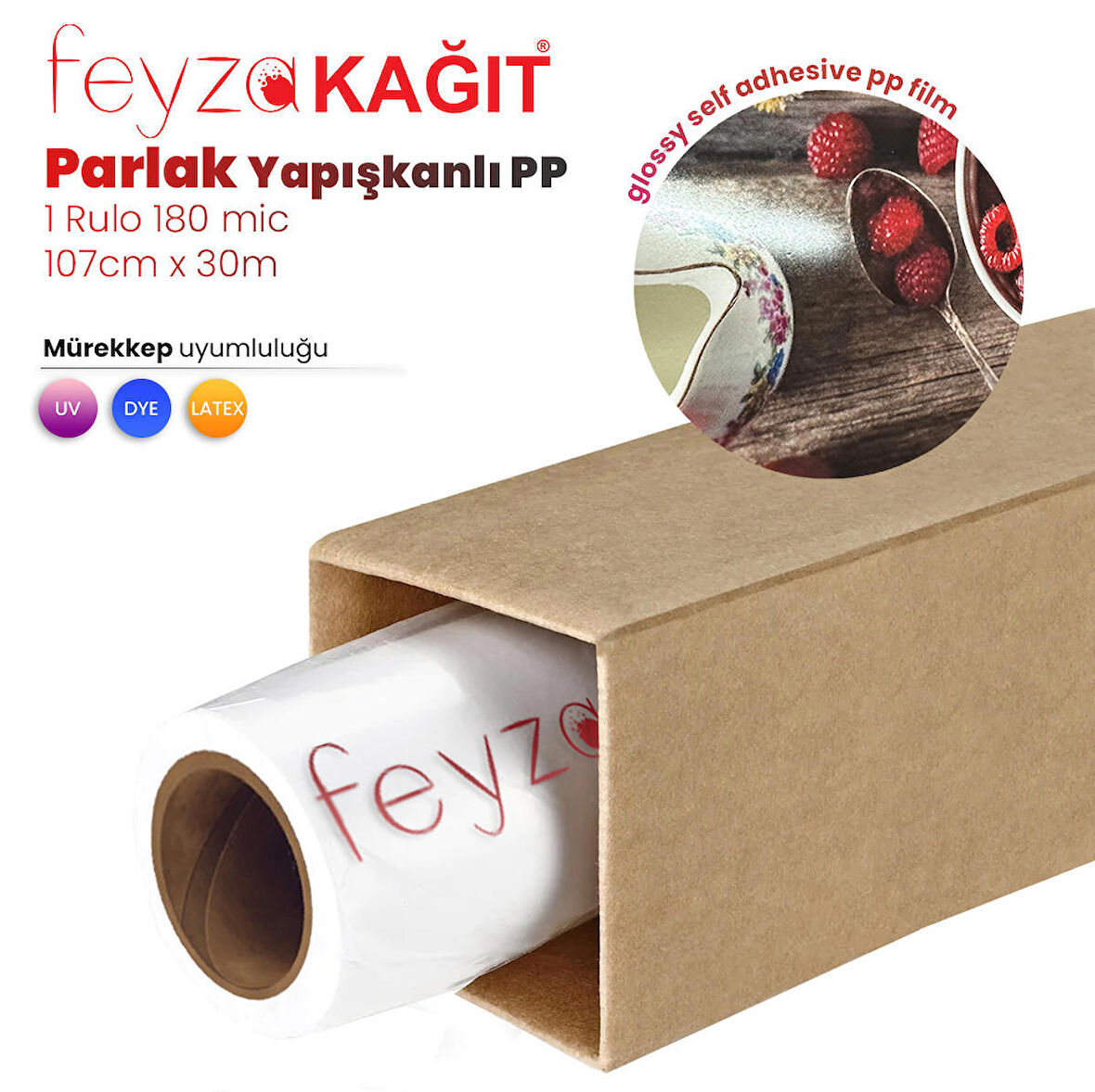 Feyza Kağıt® Glossy (Parlak ) Yapışkanlı PP Film Dye 180 Mic 107cm x 30 mt  (1 Rulo)