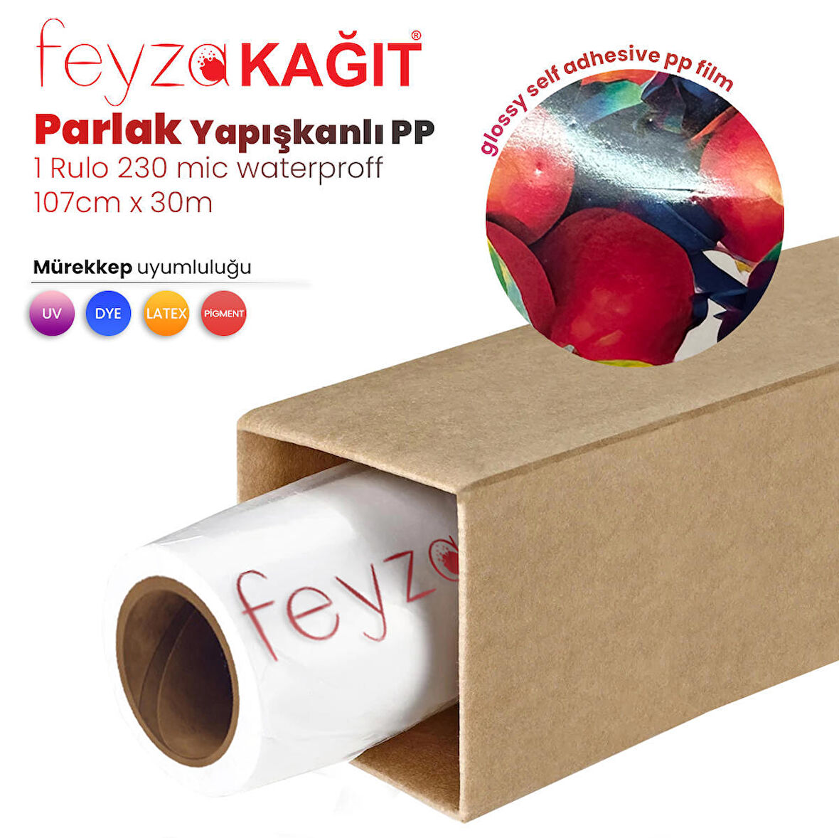 Feyza Kağıt® Microporous Parlak Glossy PP Film Yapışkanlı Waterprof 230 Mic 107cm x 50 mt (1 Rulo)