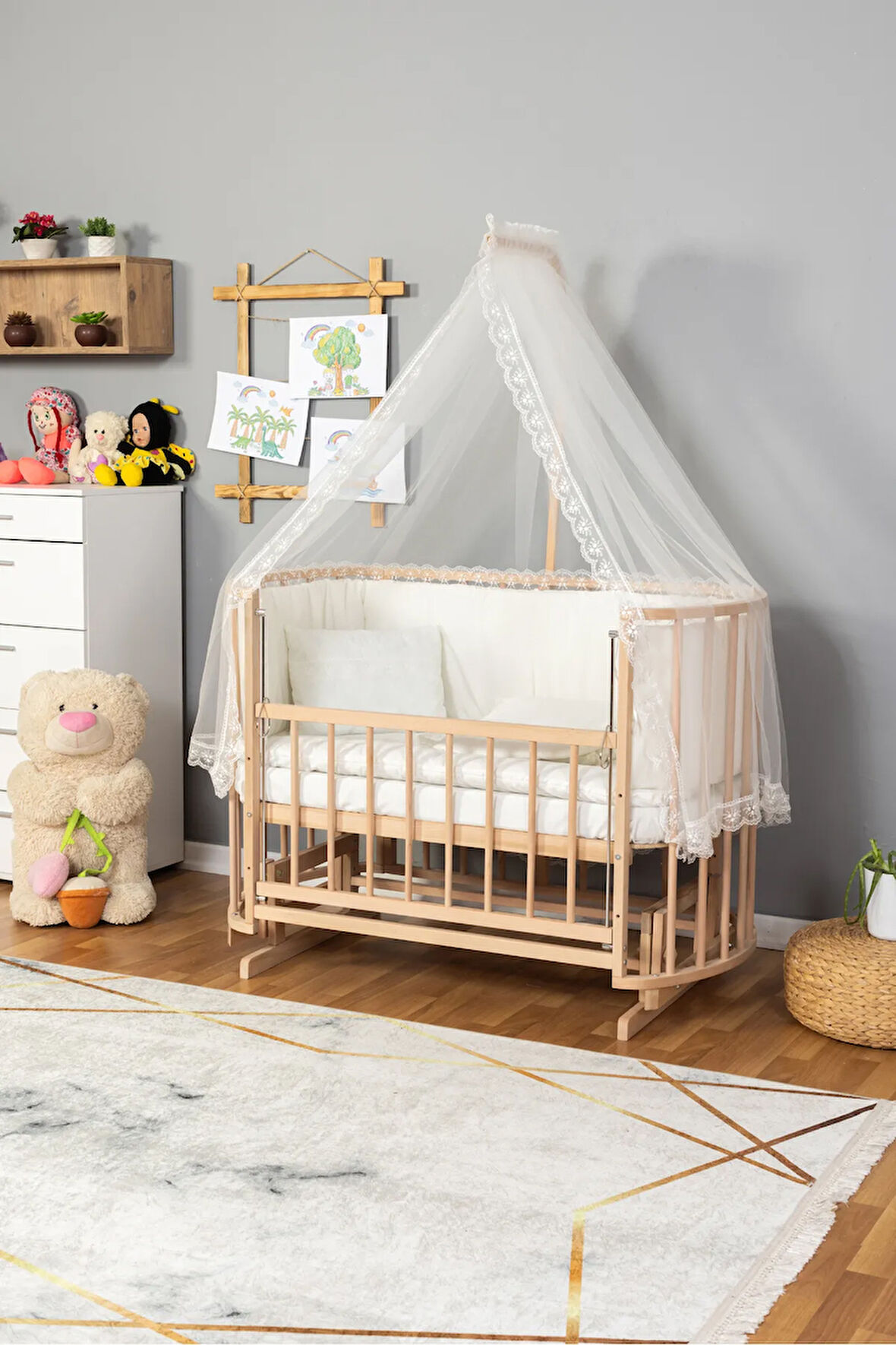Ahşap Beşik Anne Yanı Beşik Organik (BOYASIZ) 60x120 - Krem Güpür Uyku Seti Yatak