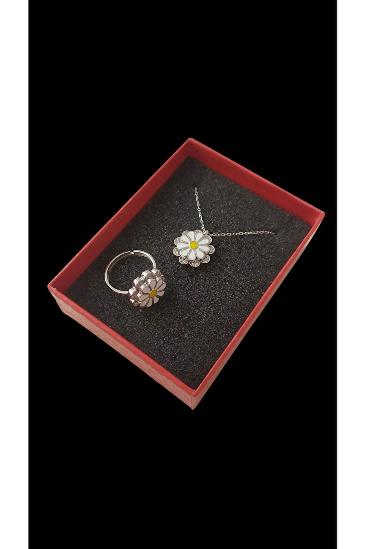 Modahilye 925 Ayar Gümüş Dönen Papatya kolye ve yüzük ikili set