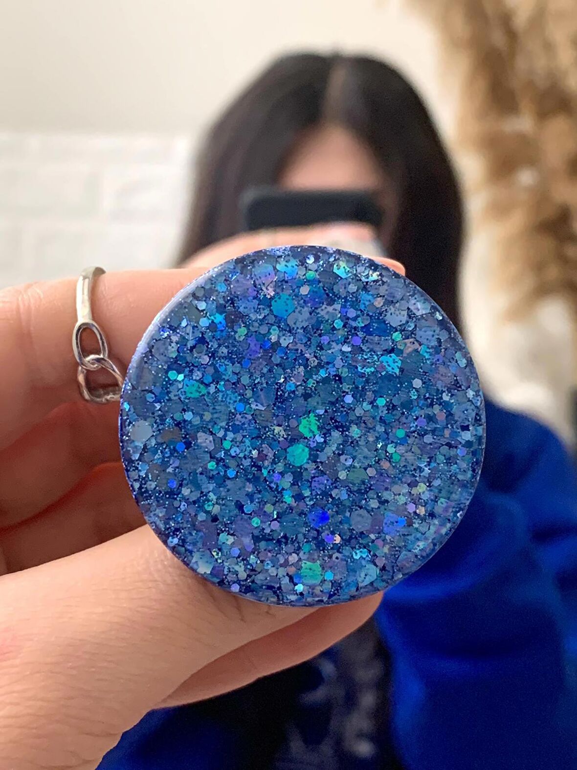 Mavi Hologram Simli Yuvarlak Telefon Tutucu PopSocket