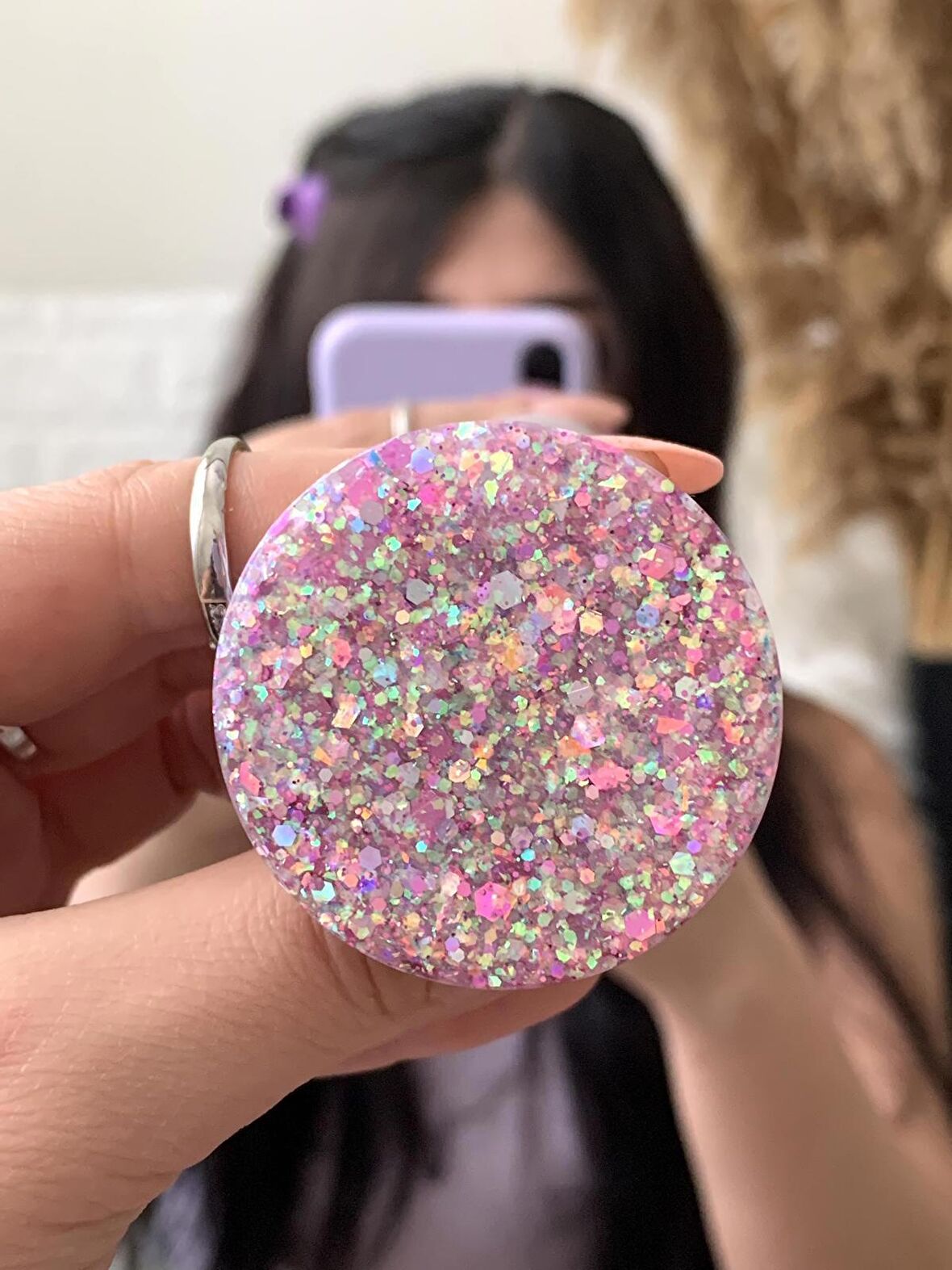 Pembe Hologram Konfeti Yuvarlak Telefon Tutucu PopSocket