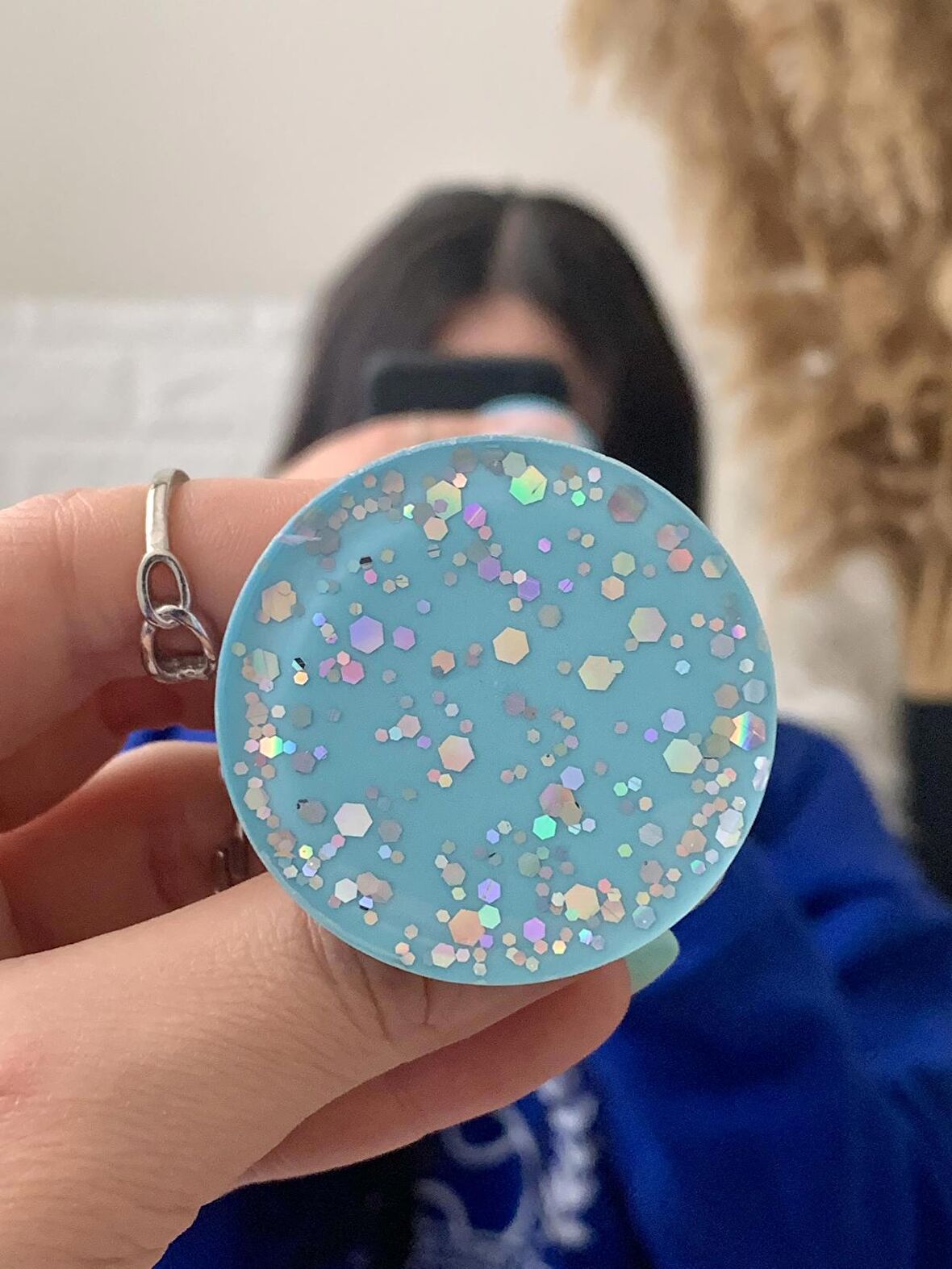 Mavi - Gri Hologram Simli Yuvarlak Telefon Tutucu PopSocket