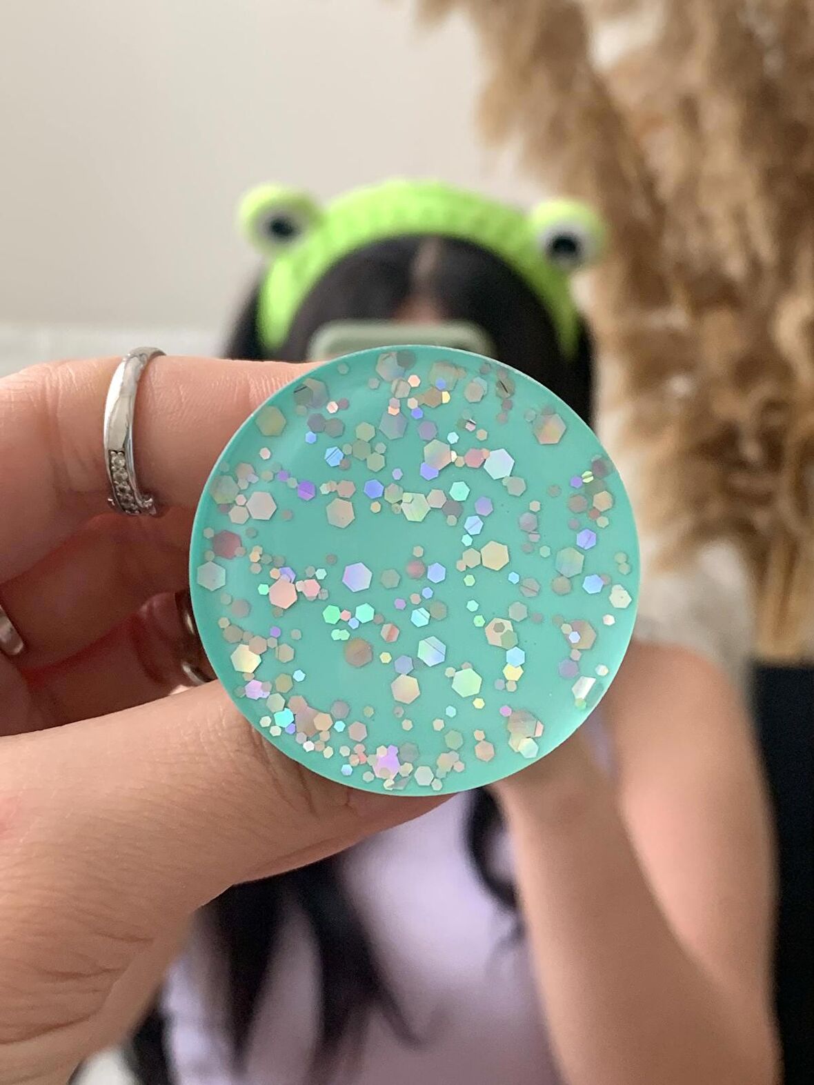 Su Yeşili - Gri Hologram Simli Yuvarlak Telefon Tutucu PopSocket