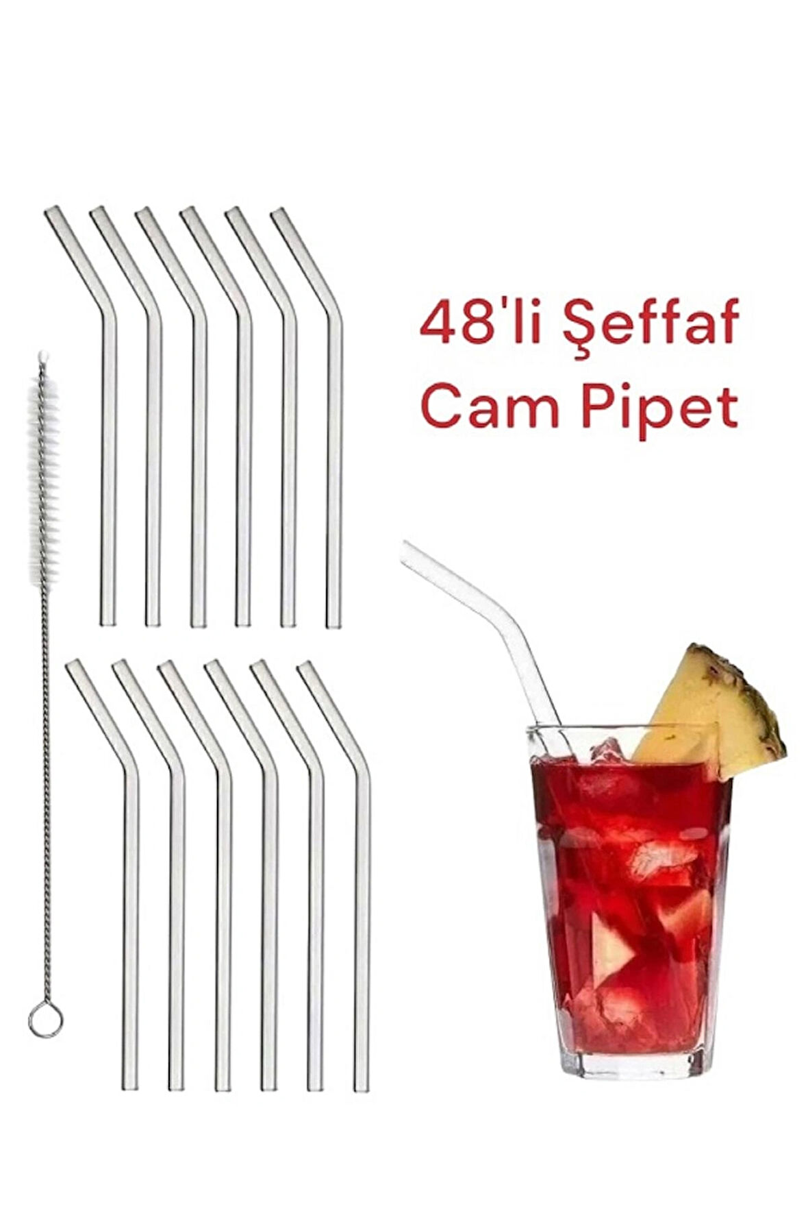 Cam Pipet 48 Adet Isıya Dayanıklı Eğimli Pipet Temizleme Fırçası Hediyeli