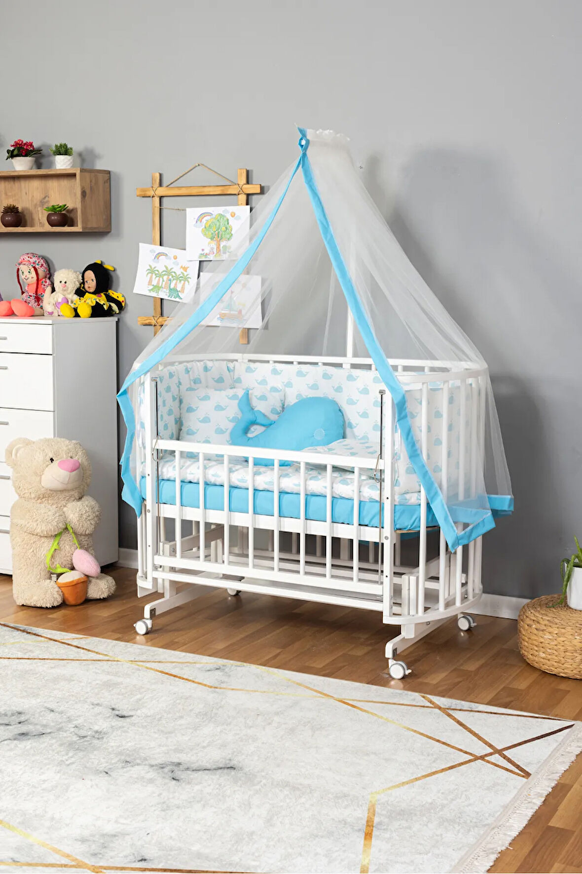 Ahşap Beşik Anne Yanı Beşik Beyaz 60x120 Mavi Balina Uyku Seti Yatak Tekerlekli
