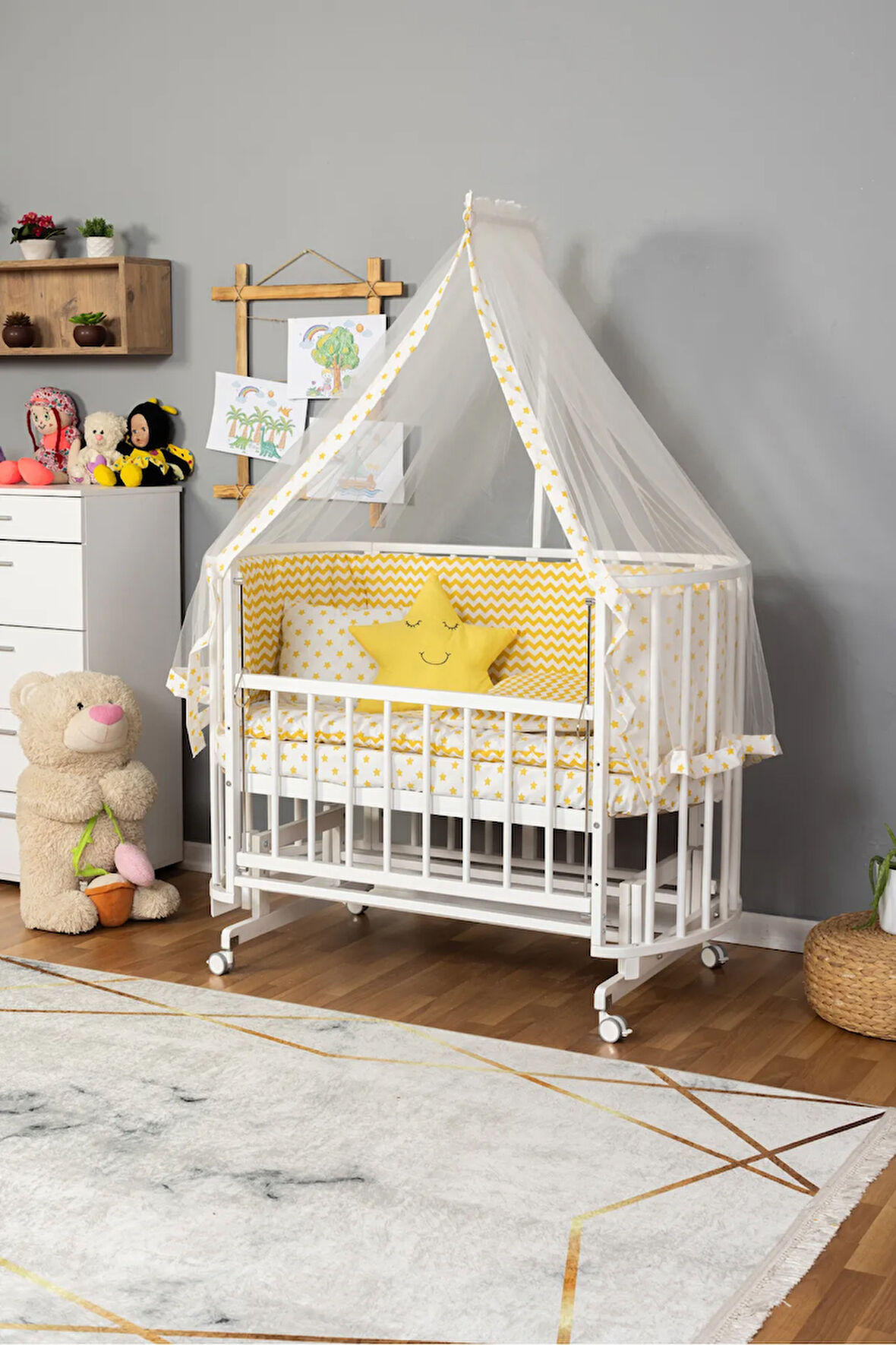 Ahşap Beşik Anne Yanı Beşik Beyaz 60x120 Sarı Yıldız Uyku Seti Yatak Tekerlekli