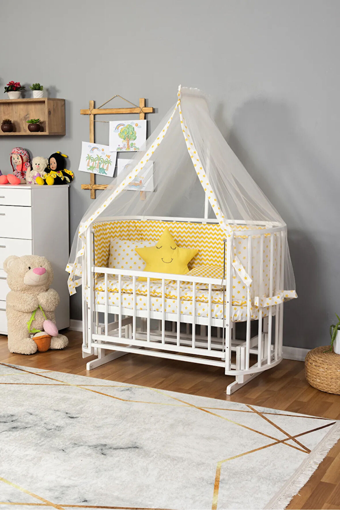 Ahşap Beşik Anne Yanı Beşik Beyaz 60x120 Sarı Yıldız Uyku Seti Yatak