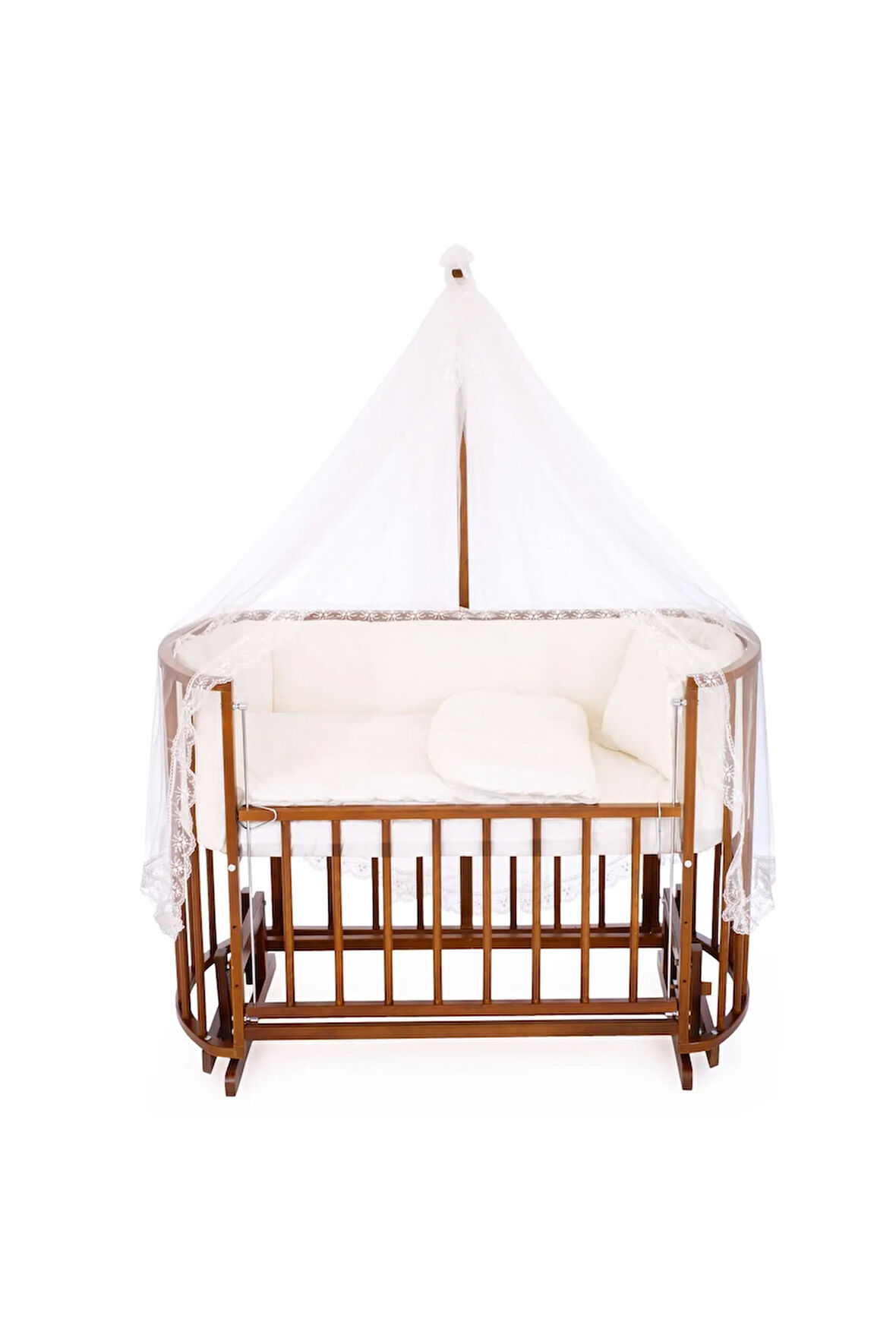 Ahşap Beşik Anne Yanı Beşik Ceviz 60x120 Beyaz Güpür Uyku Seti Yatak Tekerlekli