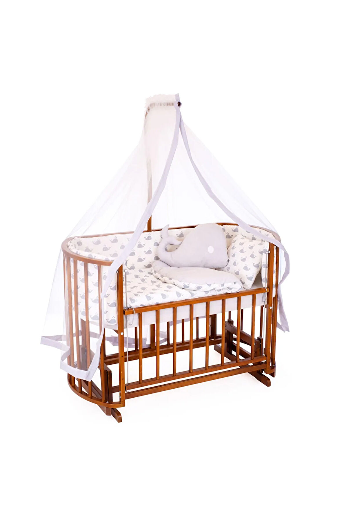 Ahşap Beşik Anne Yanı Beşik Ceviz 60x120 Gri Balina Uyku Seti Yatak Tekerlekli