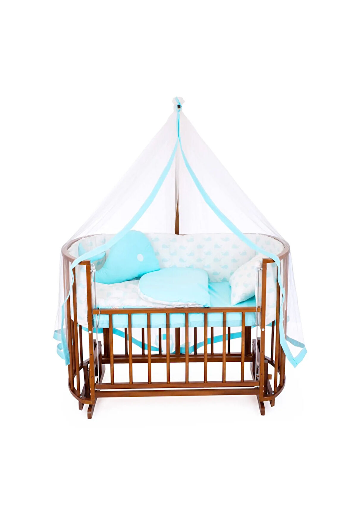 Ahşap Beşik Anne Yanı Beşik Ceviz 60x120 Mavi Balina Uyku Seti Yatak
