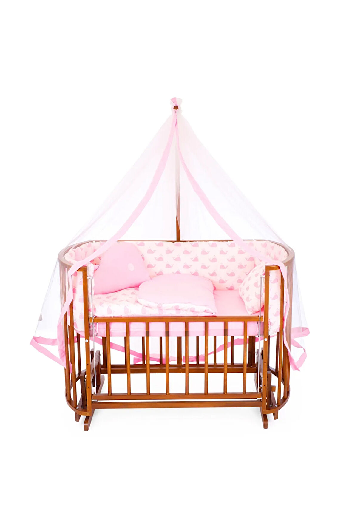 Ahşap Beşik Anne Yanı Beşik Ceviz 60x120 Pembe Balina Uyku Seti Yatak