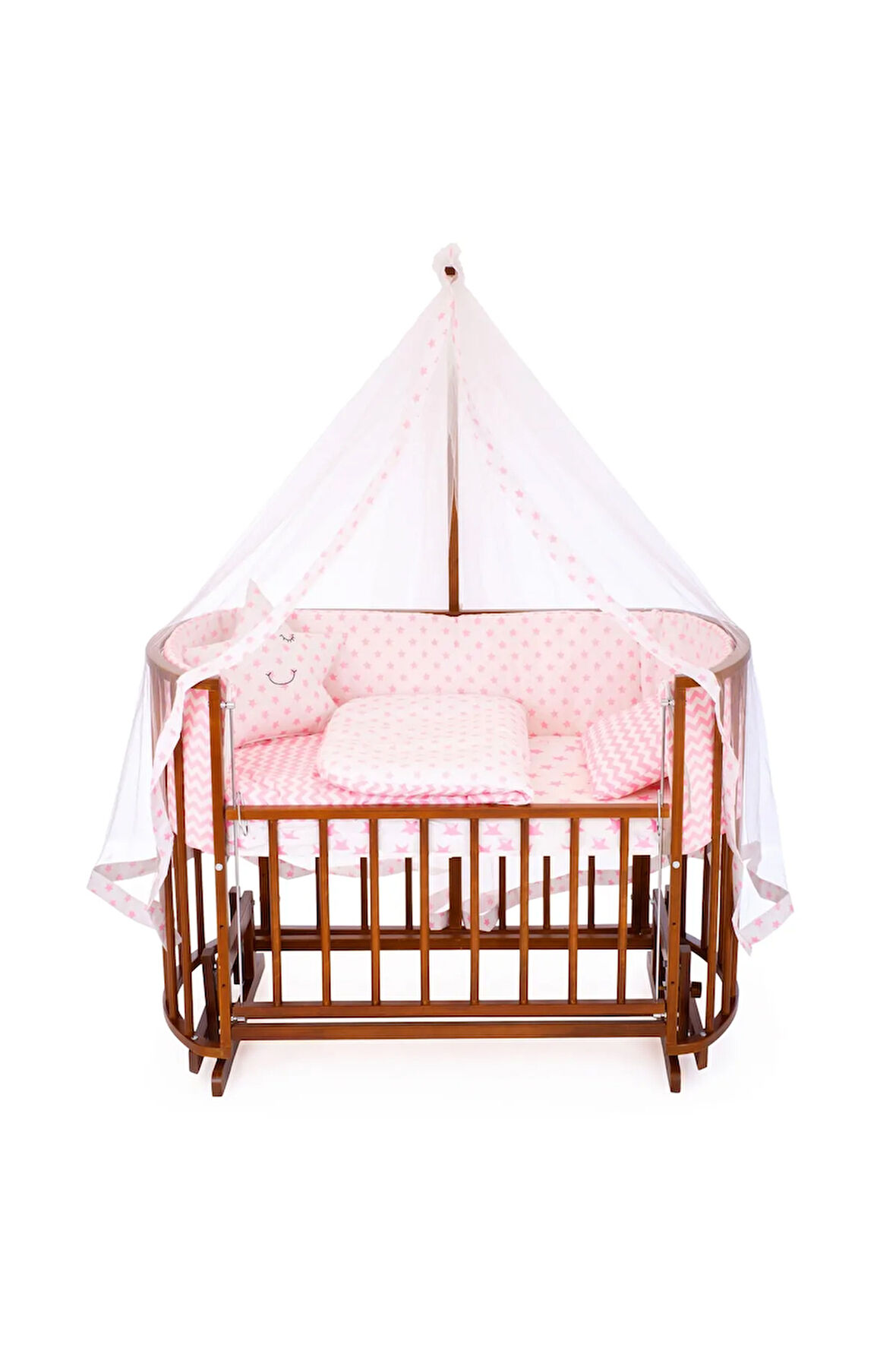 Ahşap Beşik Anne Yanı Beşik Ceviz 60x120 Pembe Yıldız Uyku Seti Yatak Tekerlekli
