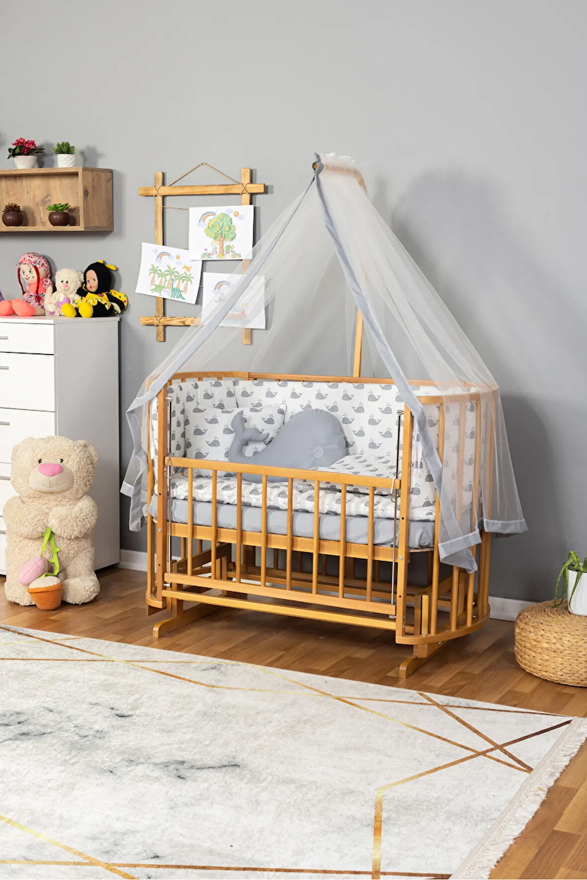 Ahşap Beşik Anne Yanı Beşik Sallanır Beşik Doğal (VERNİKLİ) 60x120 Gri Balina Uyku Seti Yatak