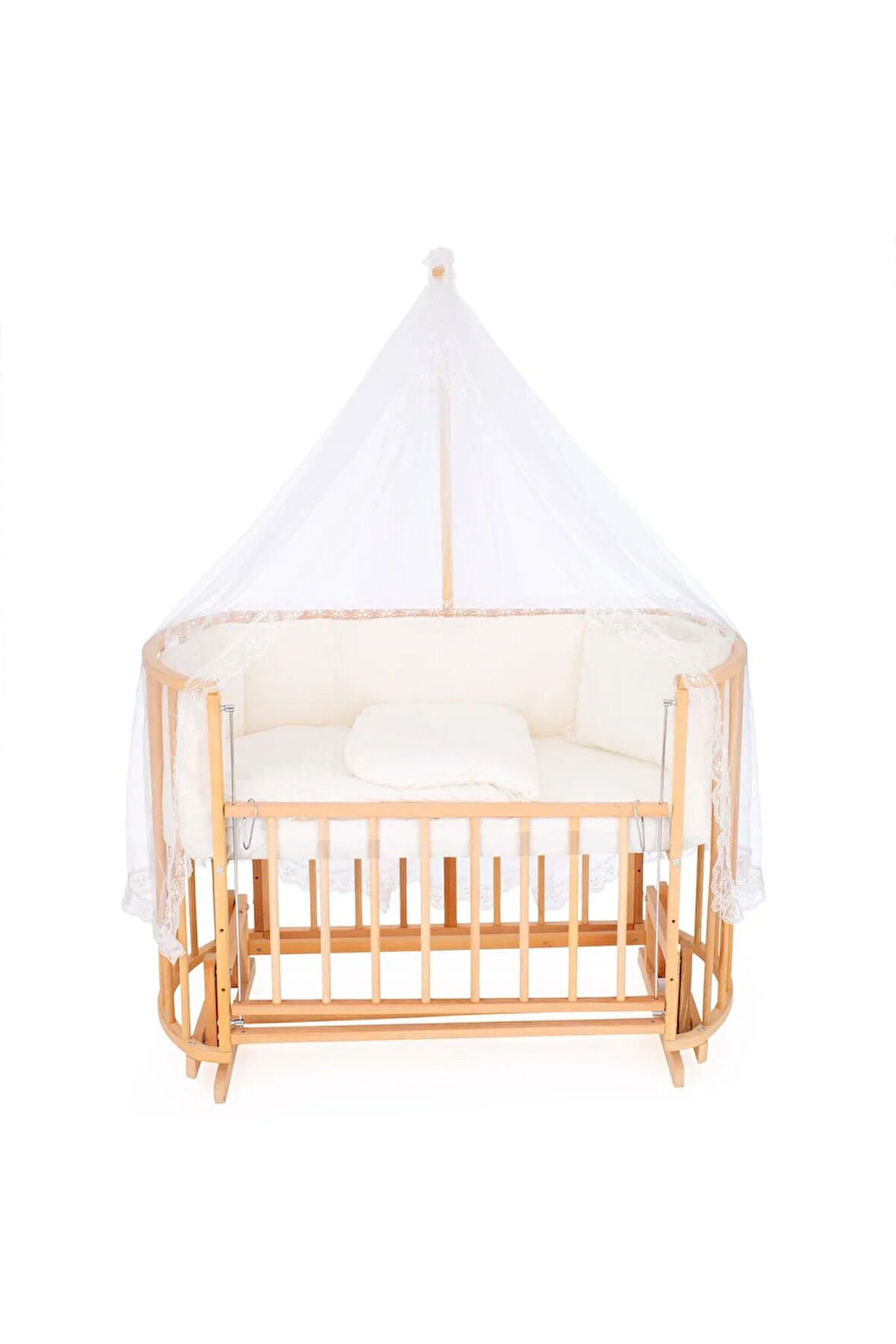 Ahşap Beşik Anne Yanı Beşik Doğal (VERNİKLİ) 60x120 Krem Güpür Uyku Seti Yatak