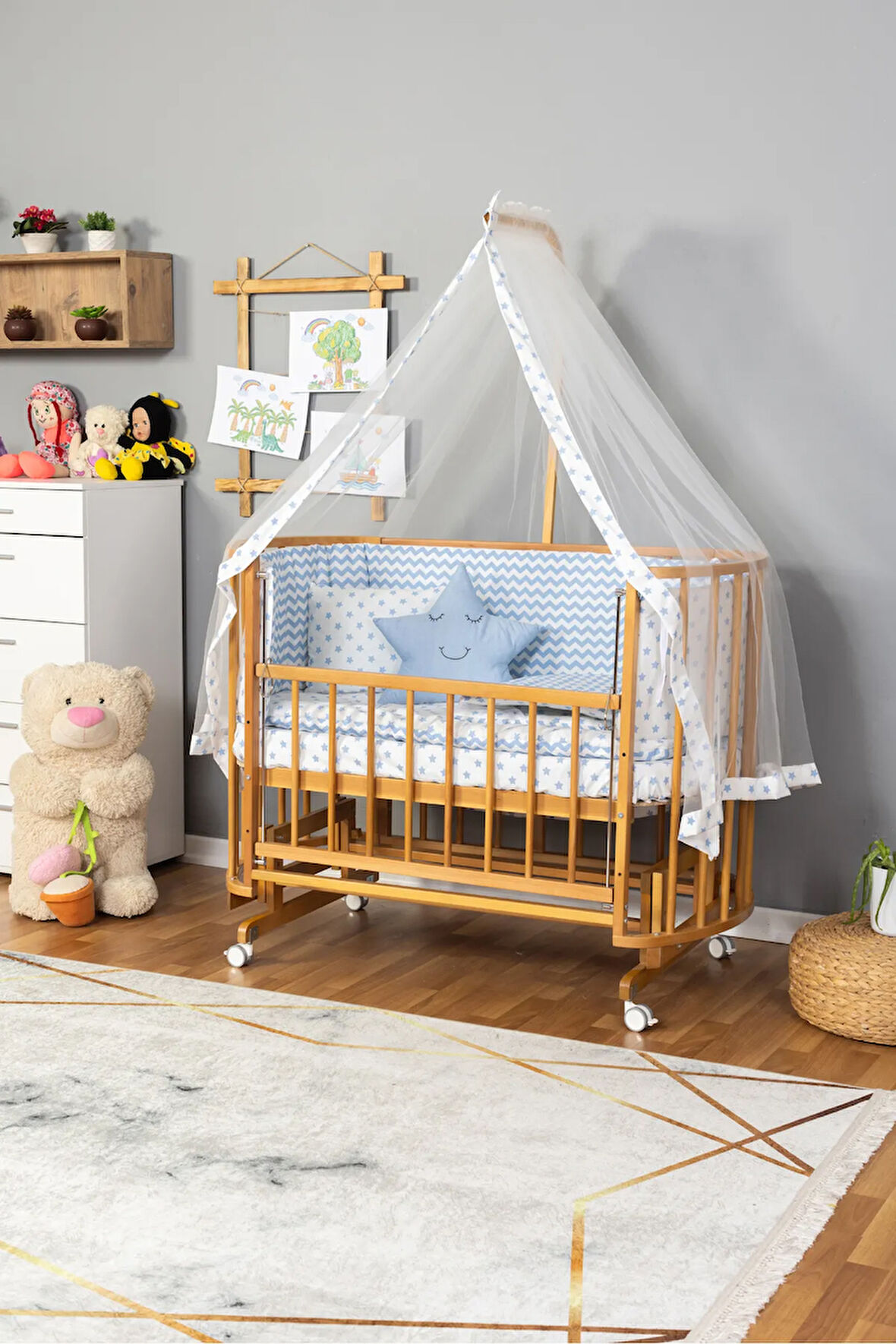 Ahşap Beşik Anne Yanı Beşik Doğal (VERNİKLİ) 60x120 Mavi Yıldız Uyku Seti Yatak Tekerlekli