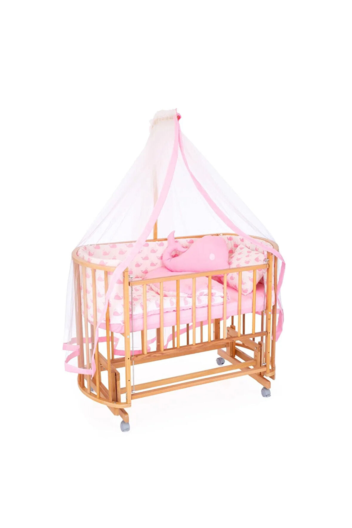Ahşap Beşik Anne Yanı Beşik Doğal (VERNİKLİ) 60x120 Pembe Balina Uyku Seti Yatak Tekerlekli