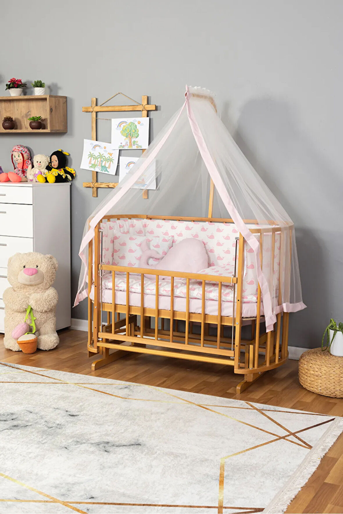Ahşap Beşik Anne Yanı Beşik Doğal (VERNİKLİ) 60x120 Pembe Balina Uyku Seti Yatak