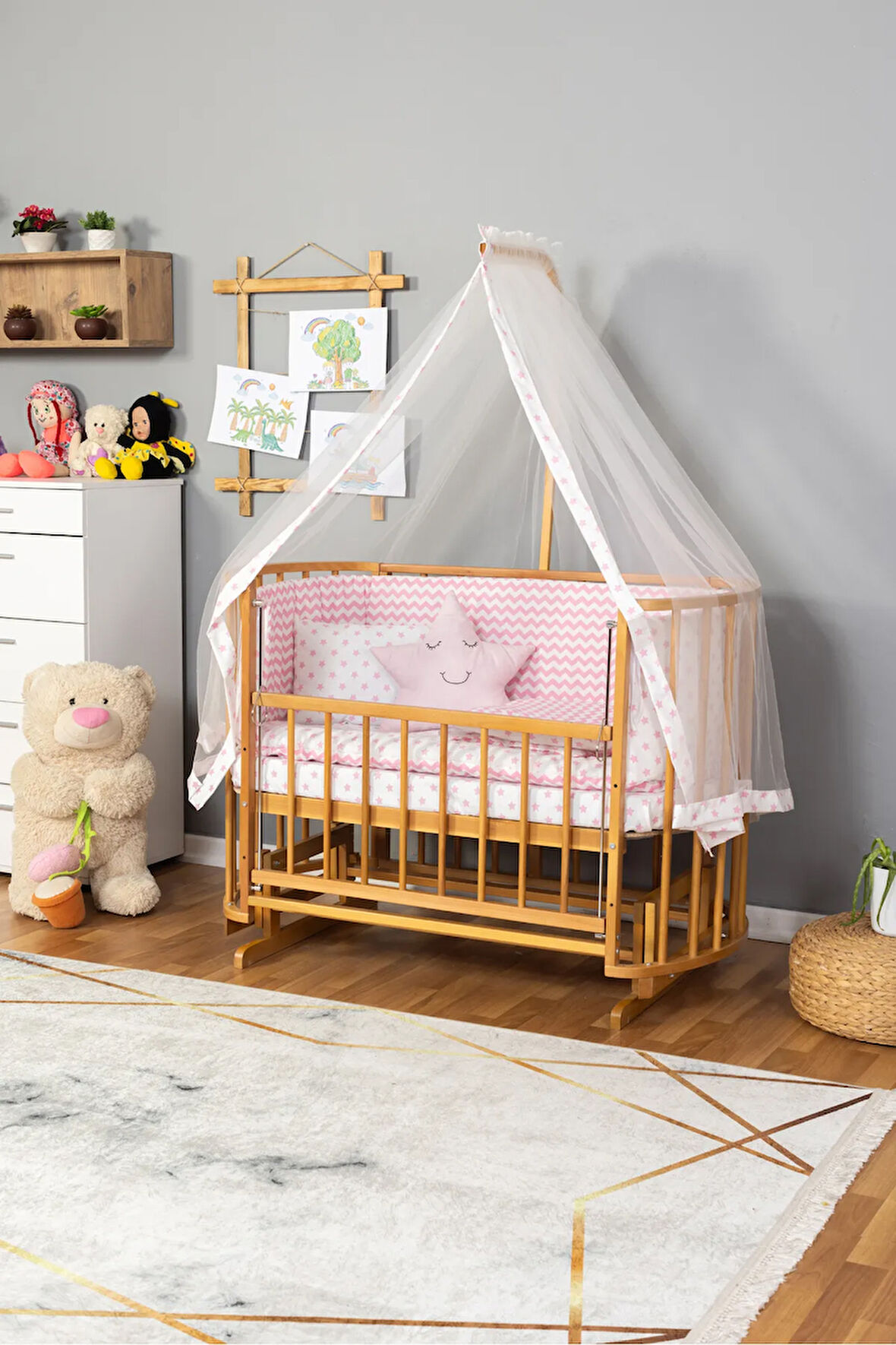 Ahşap Beşik Anne Yanı Beşik Sallanır Beşik Doğal (VERNİKLİ) 60x120 Pembe Yıldız Uyku Seti Yatak