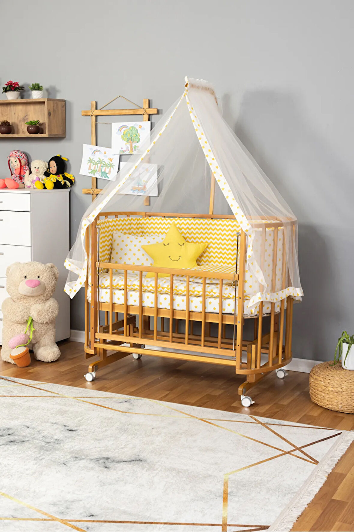 Ahşap Beşik Anne Yanı Beşik Doğal (VERNİKLİ) 60x120 Sarı Yıldız Uyku Seti Yatak Tekerlekli