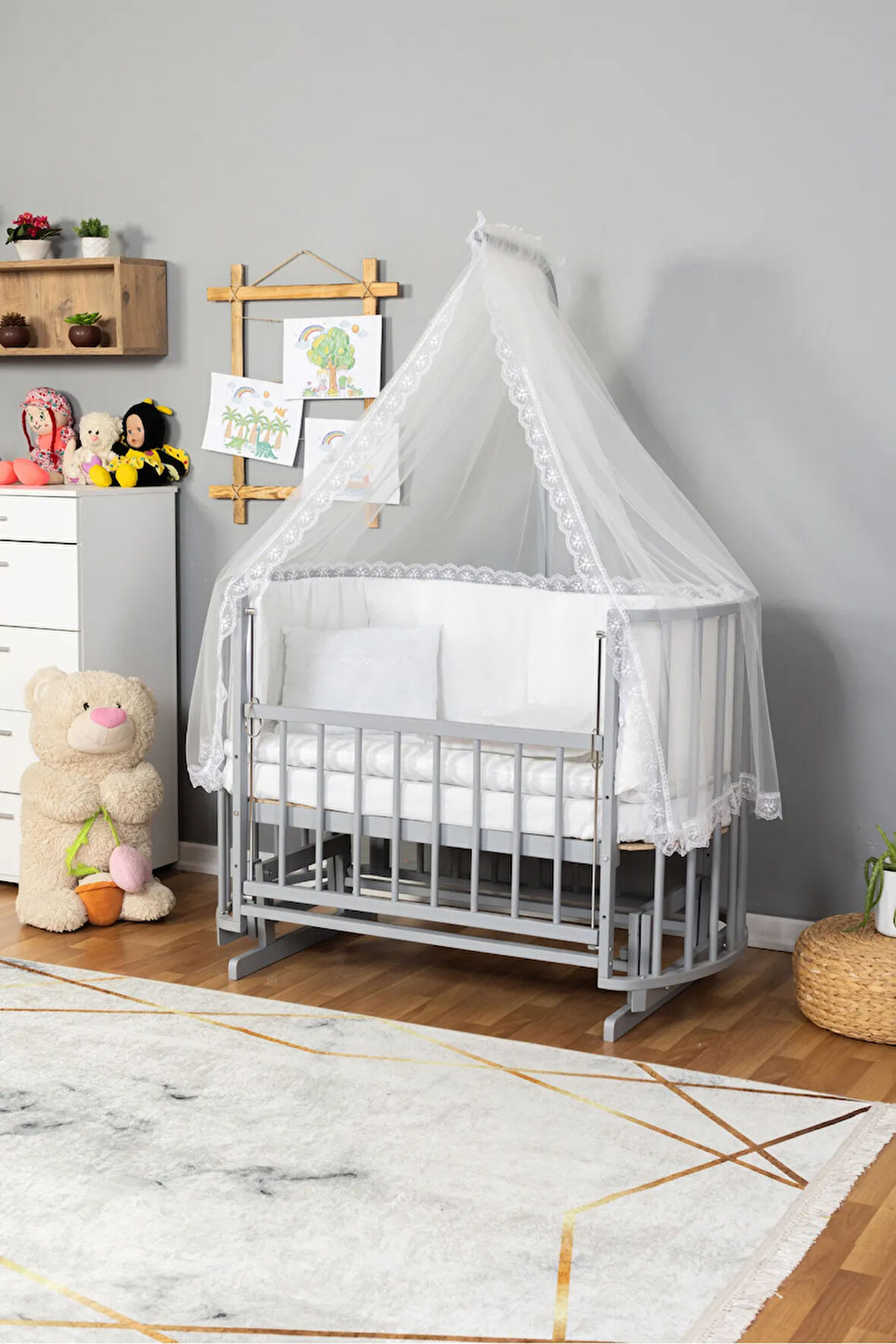 Ahşap Beşik Anne Yanı Beşik Gri 60x120 Beyaz Güpür Uyku Seti Yatak
