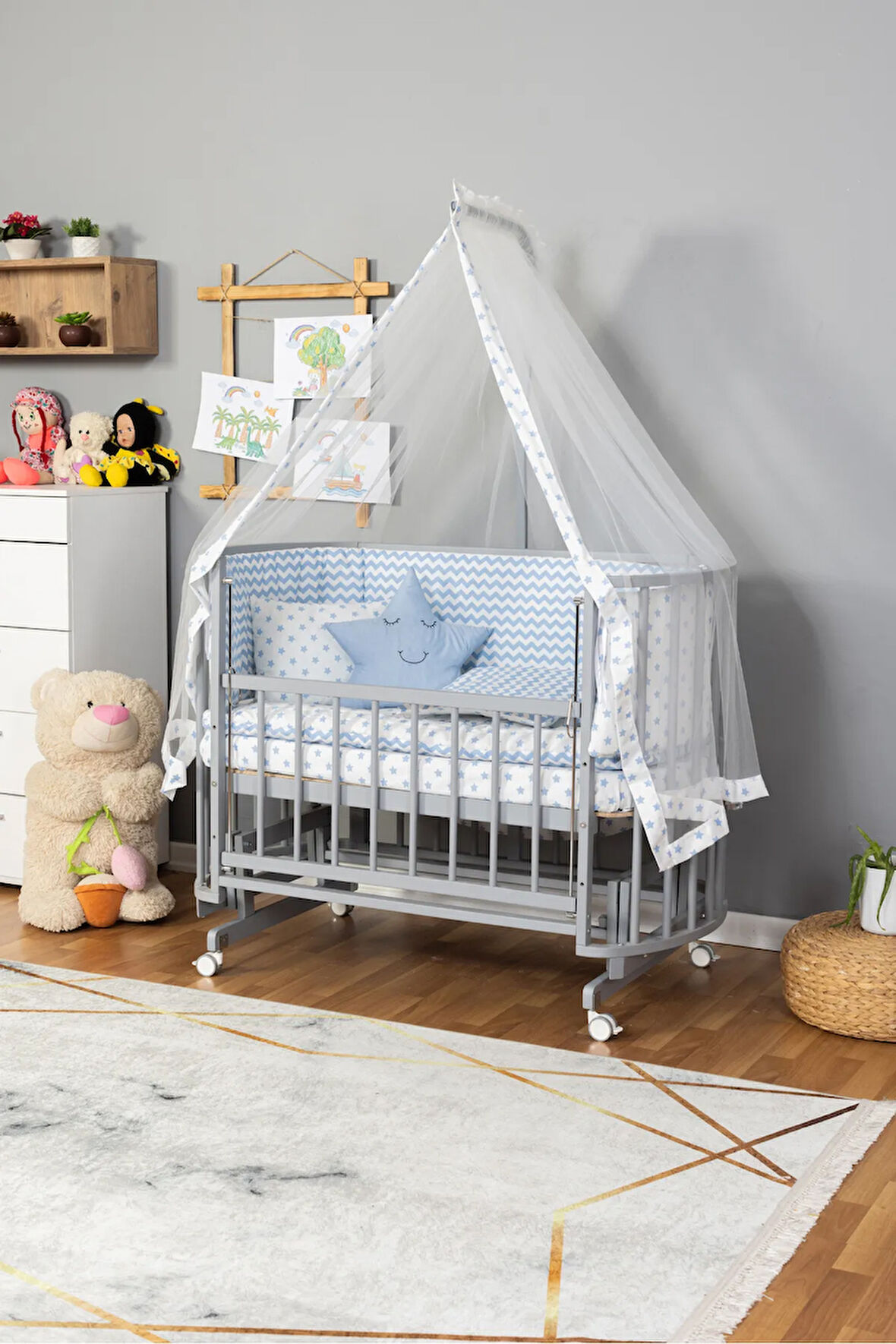 Ahşap Beşik Anne Yanı Beşik Gri 60x120 Mavi Yıldız Uyku Seti Yatak Tekerlekli