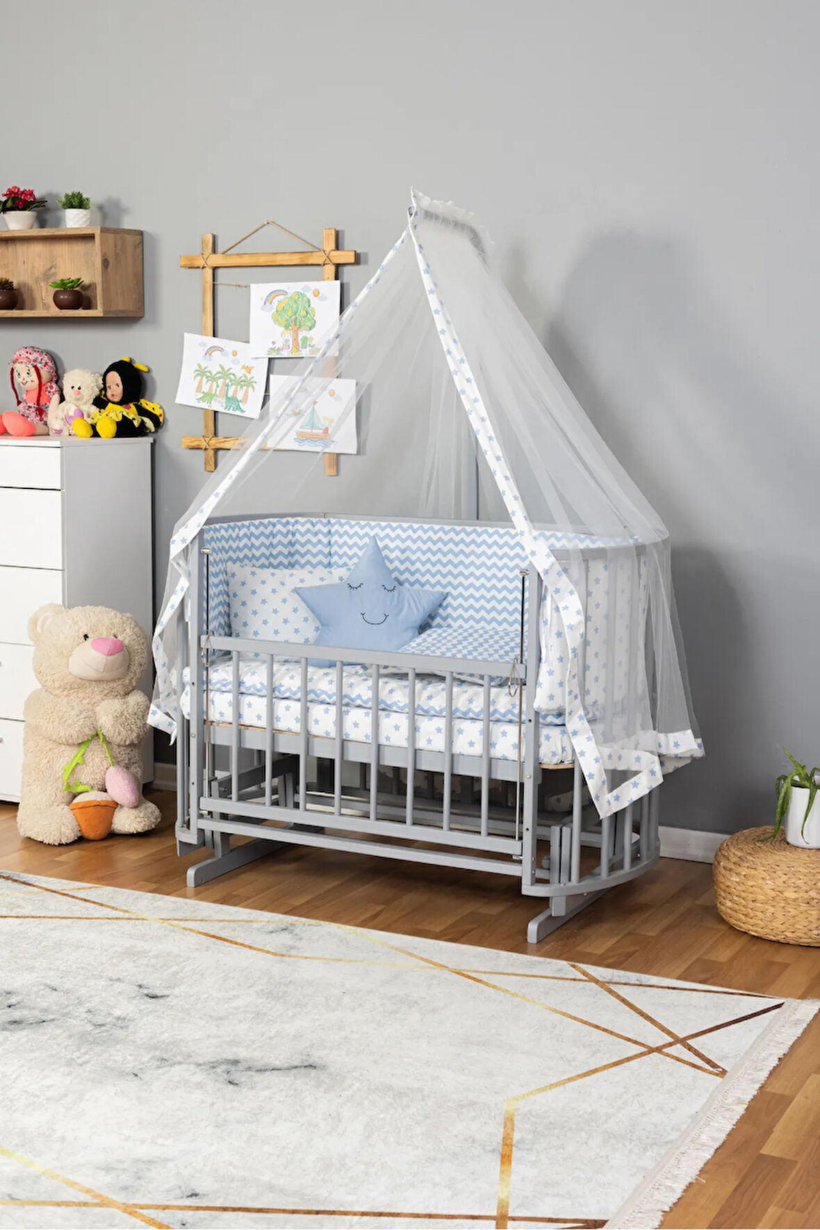 Gri Renk 3 Kademeli Anne Yanı Ahşap 60x120 Papatya Doğal Bebek Beşiği