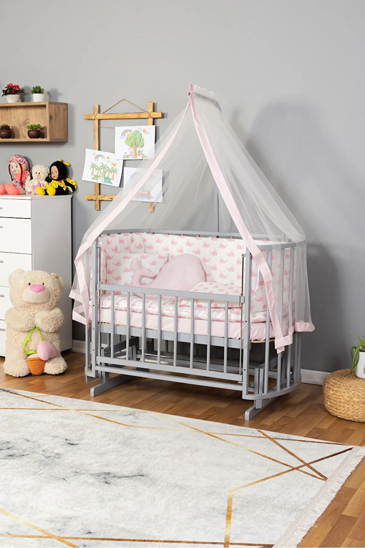 Ahşap Beşik Anne Yanı Beşik Sallanır Beşik Gri 60x120 Pembe Balina Uyku Seti Yatak