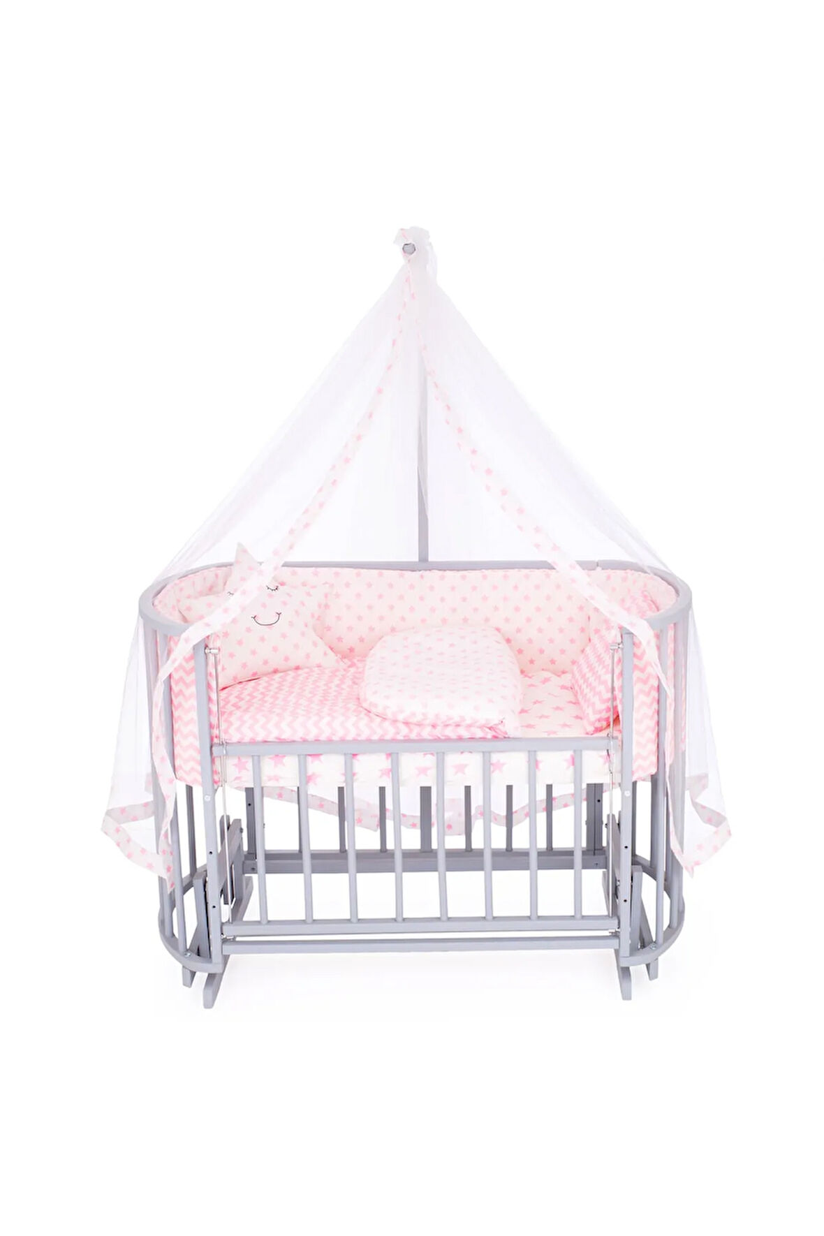 Ahşap Beşik Anne Yanı Beşik Sallanır Beşik Gri 60x120 Pembe Yıldız Uyku Seti Yatak Tekerlekli