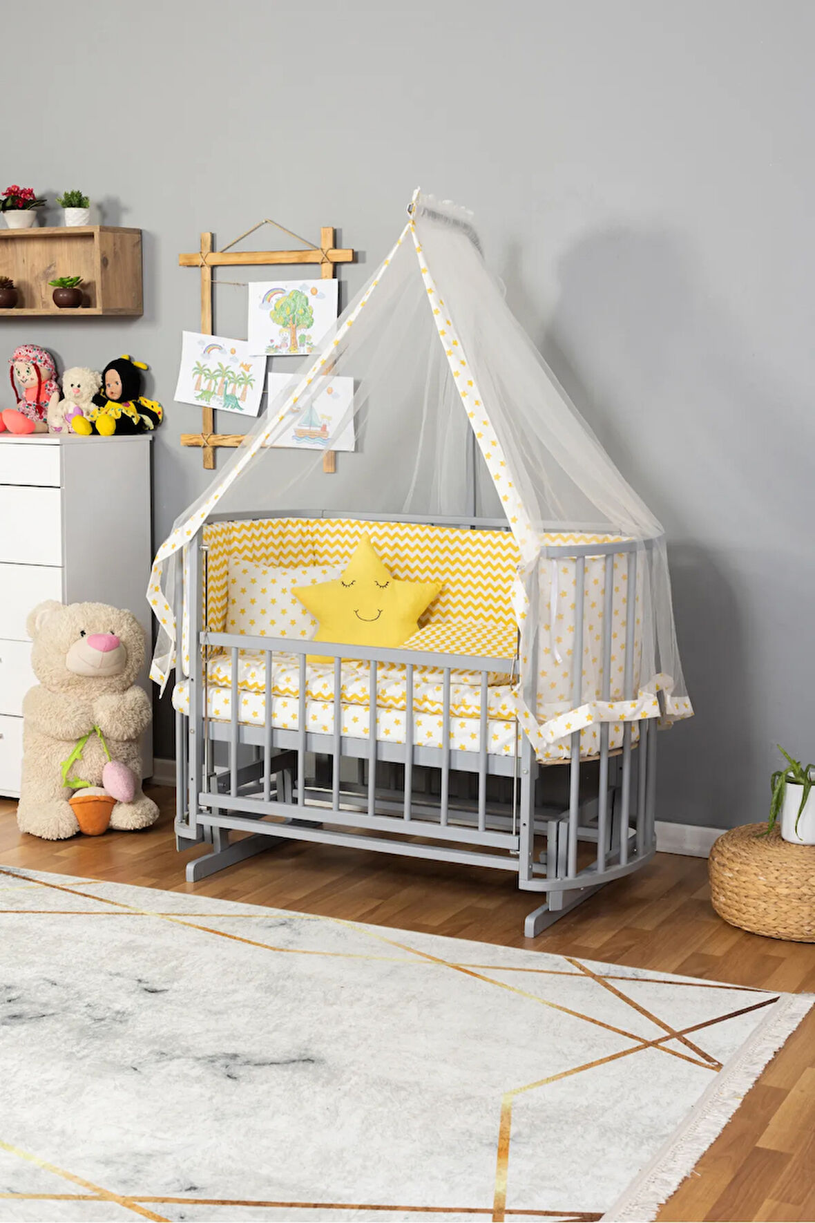 Ahşap Beşik Anne Yanı Beşik Gri 60x120 Sarı Yıldız Uyku Seti Yatak