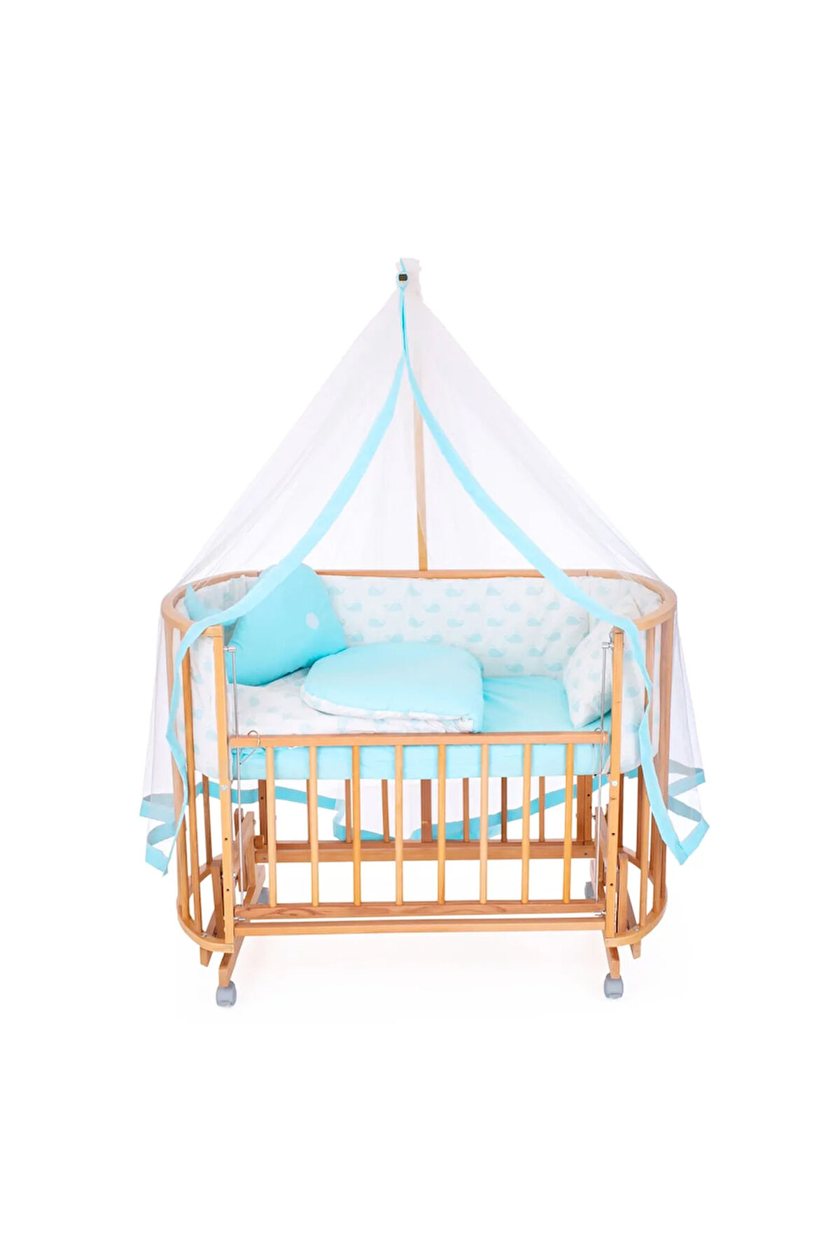 Ahşap Beşik Anne Yanı Beşik Organik (BOYASIZ) 60x120 - Mavi Balina Uyku Seti Yatak Tekerlekli