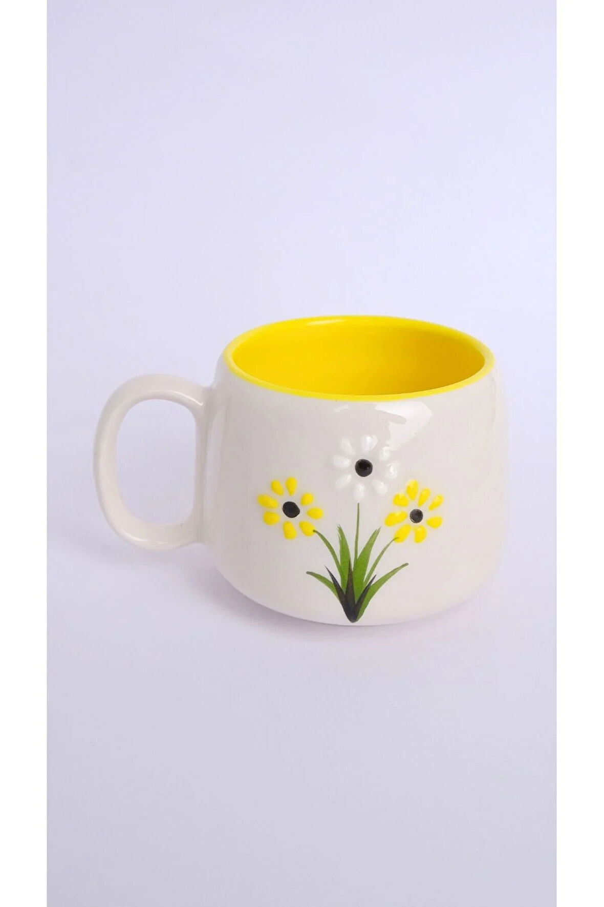 Sarı Papatya Desenli El Yapımı Double Seramik Kupa, Seramik Kupa, Mug, Nescafe Kupası, Handmade
