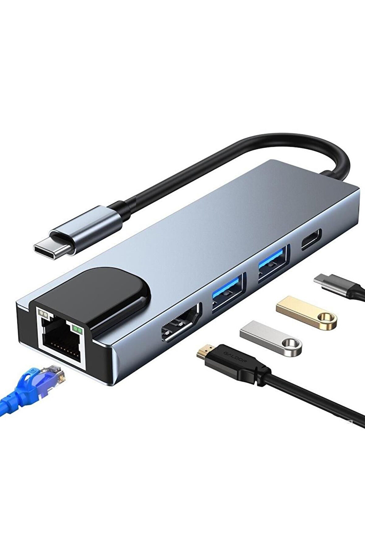 5 In 1 Alüminyum Alaşımlı Hdmı Usb 3.0 Pd Ethernet Macbook Pc Uyumlu Adaptör Çoklayıcı Hub