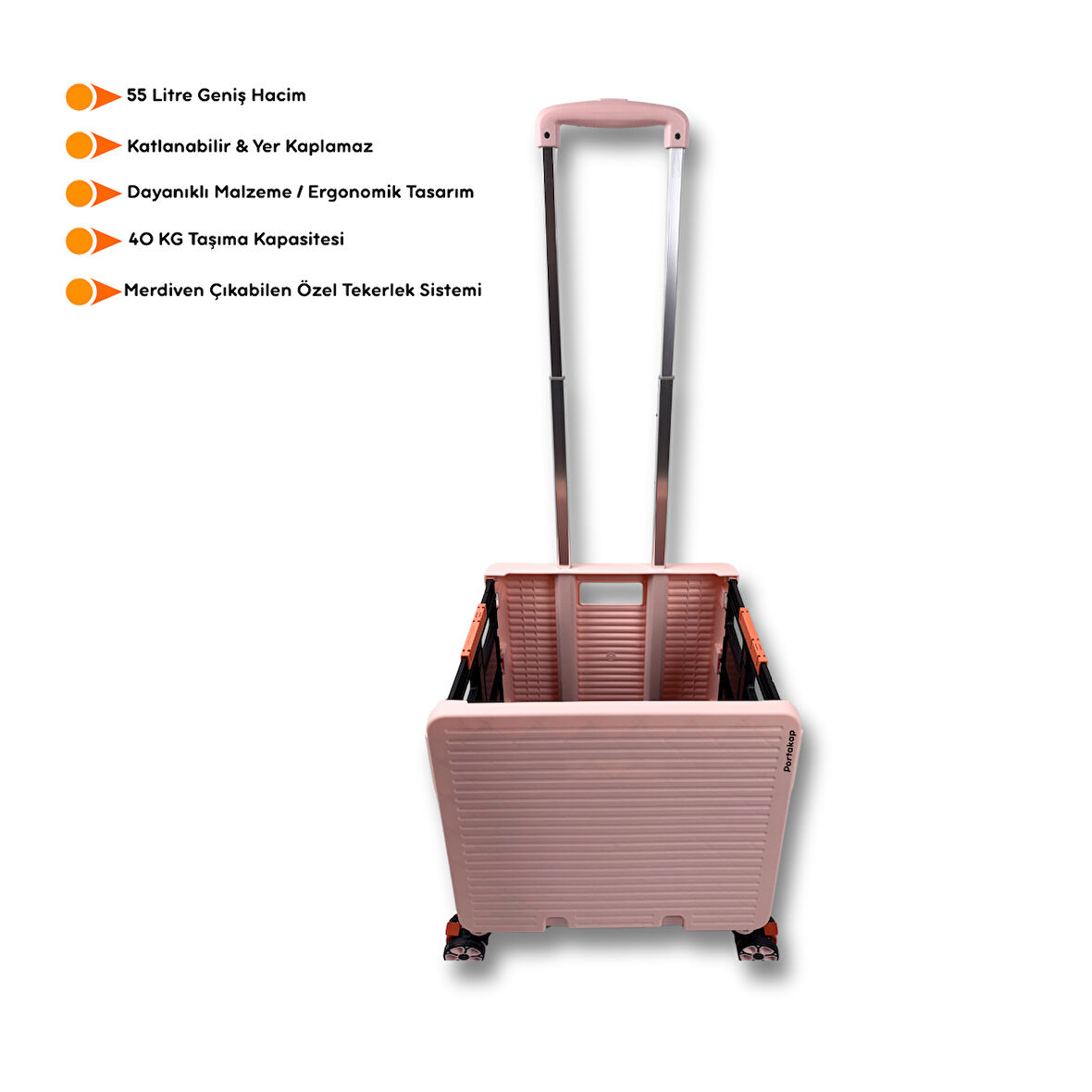 Portakap 8 Tekerlekli, 55 Litre Pembe Katlanır Alışveriş Arabası