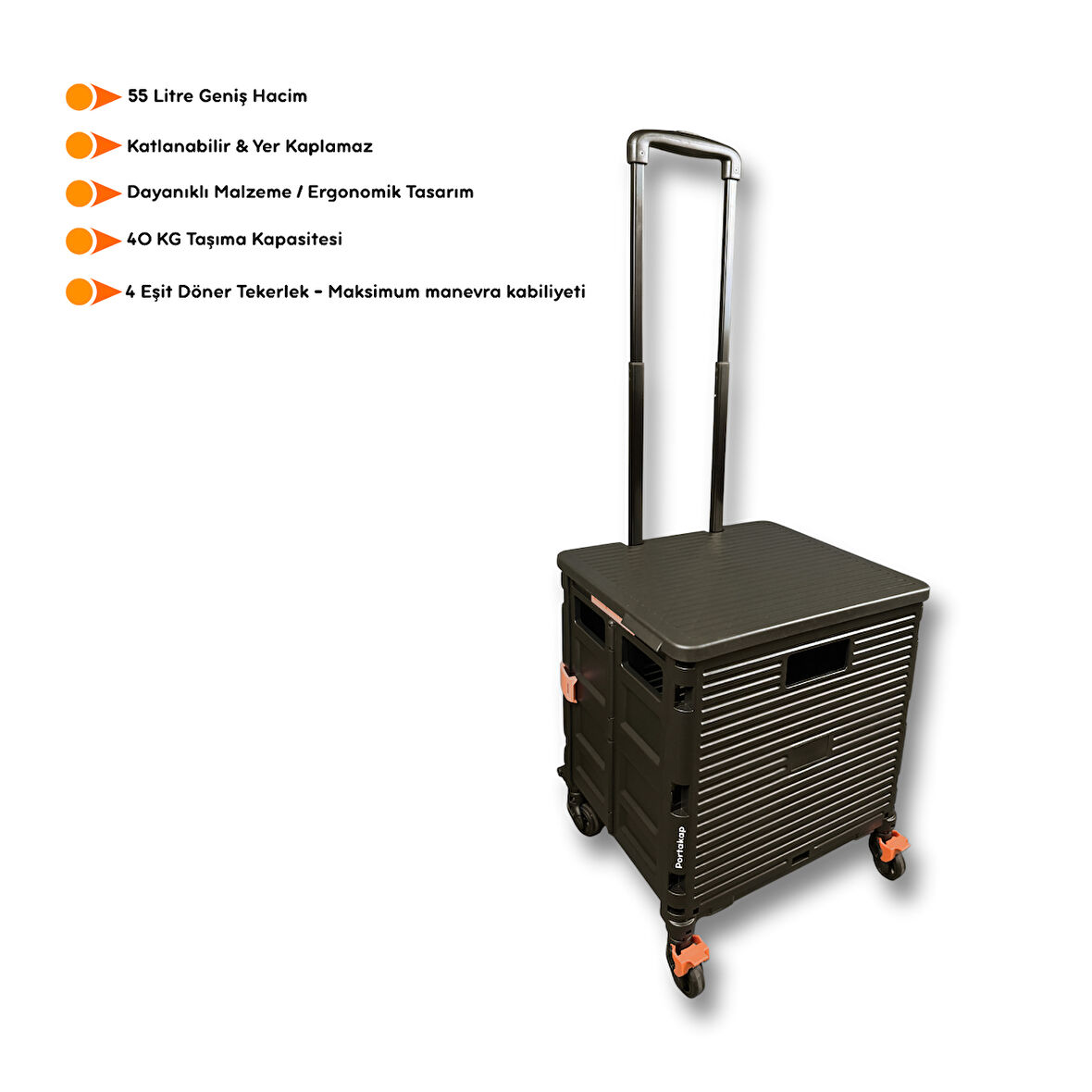 Portakap 4 Tekerlekli, 55 Litre Siyah Katlanır Alışveriş Arabası