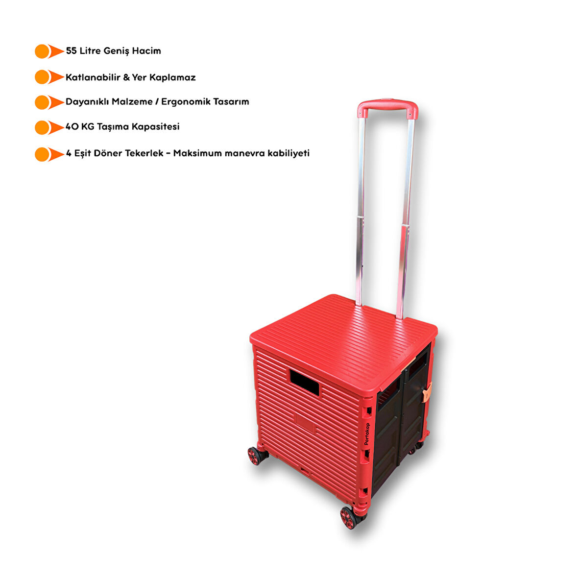Portakap 4 Tekerlekli, 55 Litre Kırmızı Katlanır Alışveriş Arabası