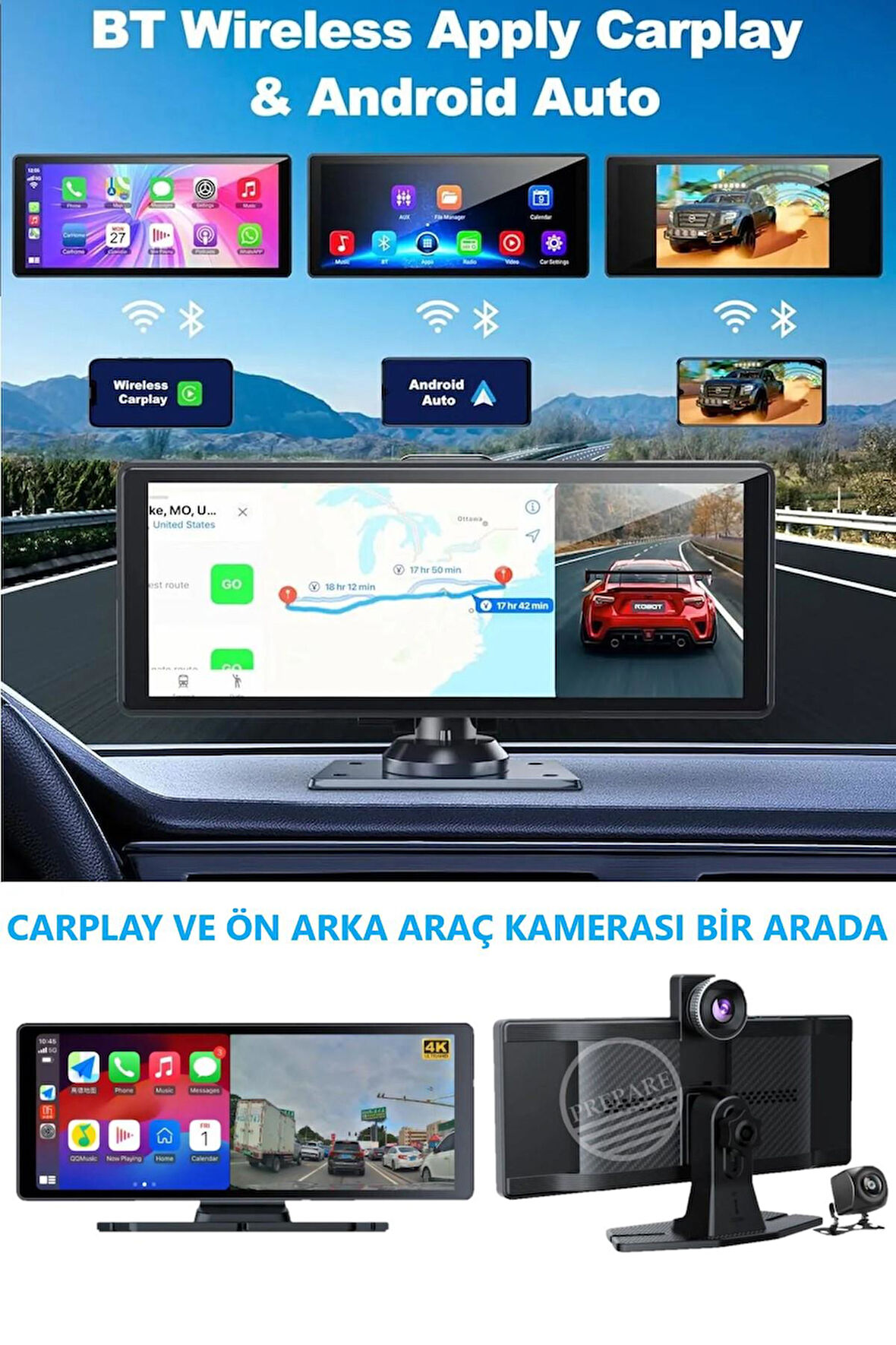 4K 10.26 Inç Ultra HD Wifi Carplay Ön Arka Araç Kamerası İkisi Bir Arada Set Ios Android Navigasyon