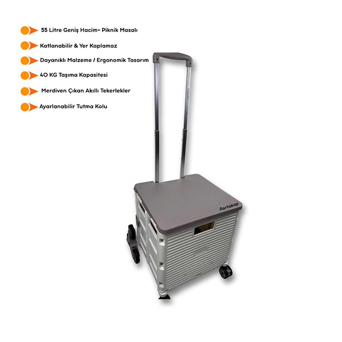 Portakap Piknik Masalı, 8 Tekerlekli, 55 Litre Beyaz ve Kahverengi Katlanır Alışveriş Arabası - Merdiven Çıkan