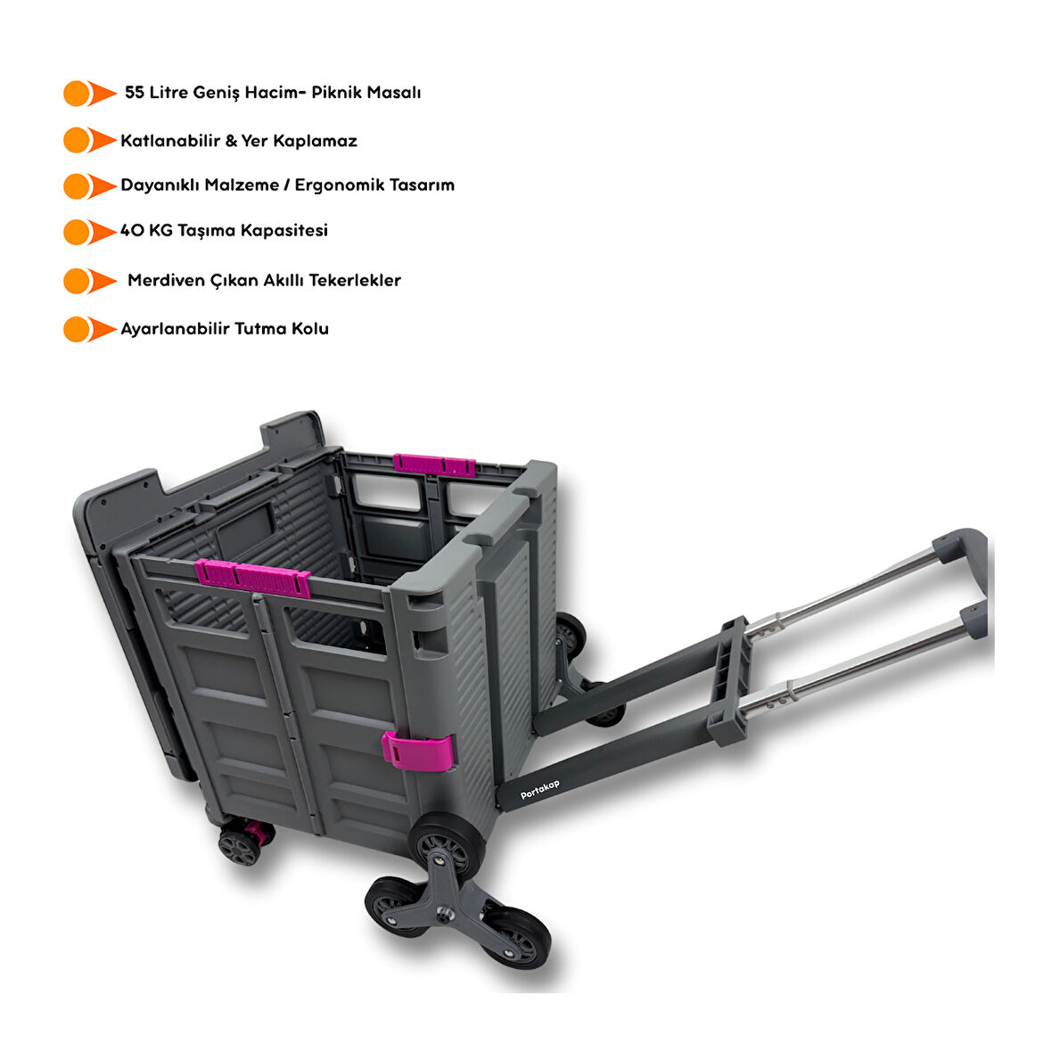 Portakap Piknik Masalı, 8 Tekerlekli, 55 Litre Gri Katlanır Alışveriş Arabası - Merdiven Çıkan