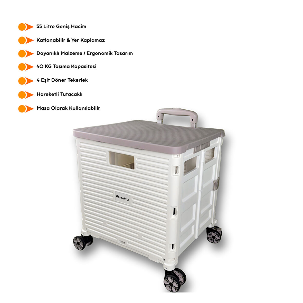 Portakap 4 Tekerlekli, 55 Litre Beyaz ve Kahverengi Katlanır Alışveriş Arabası - Hareketli Tutacaklı