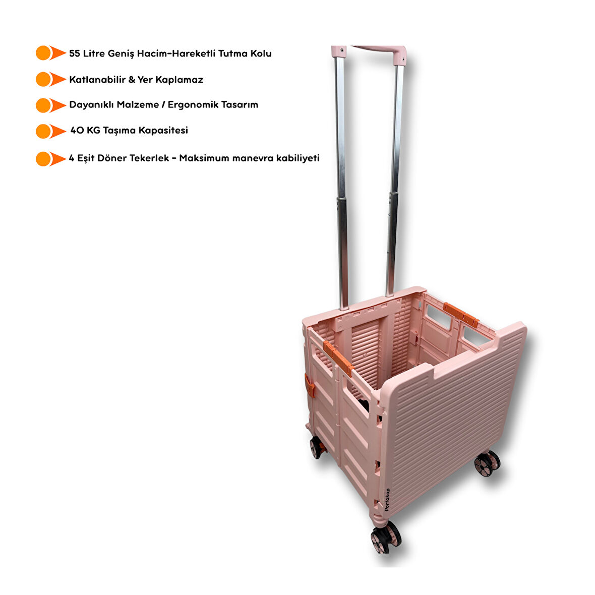 Portakap 4 Tekerlekli, 55 Litre Pembe Katlanır Alışveriş Arabası - Hareketli Tutacaklı, Piknik Masalı