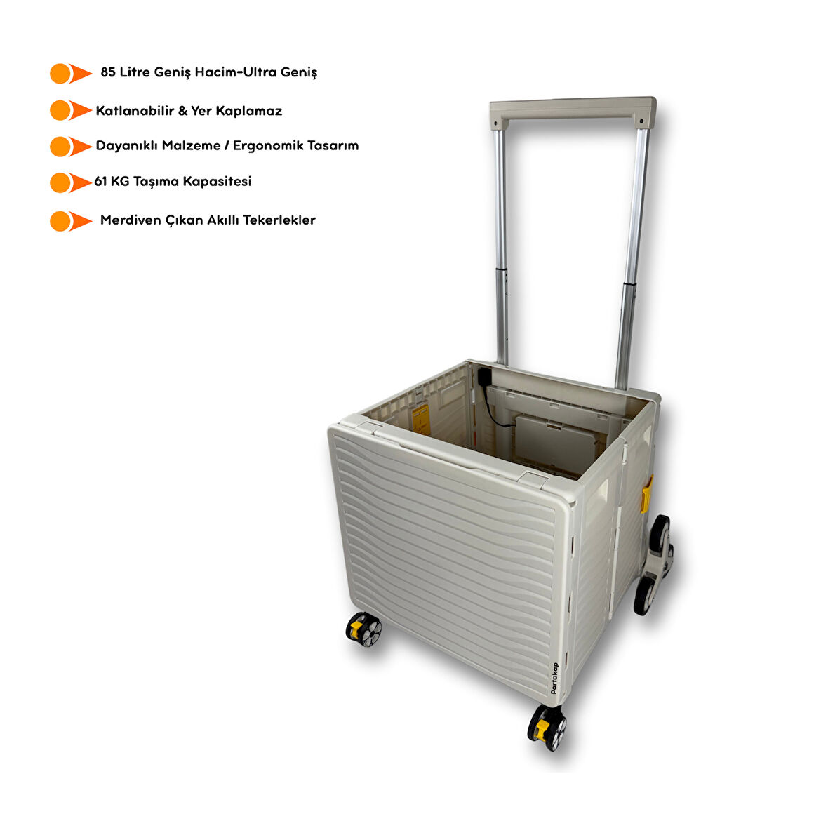Portakap Ultra Geniş, 8 Tekerlekli, 85 Lt Beyaz Katlanır Alışveriş Arabası - Merdiven Çıkan, USB Port Girişli ve Bardak Tutuculu