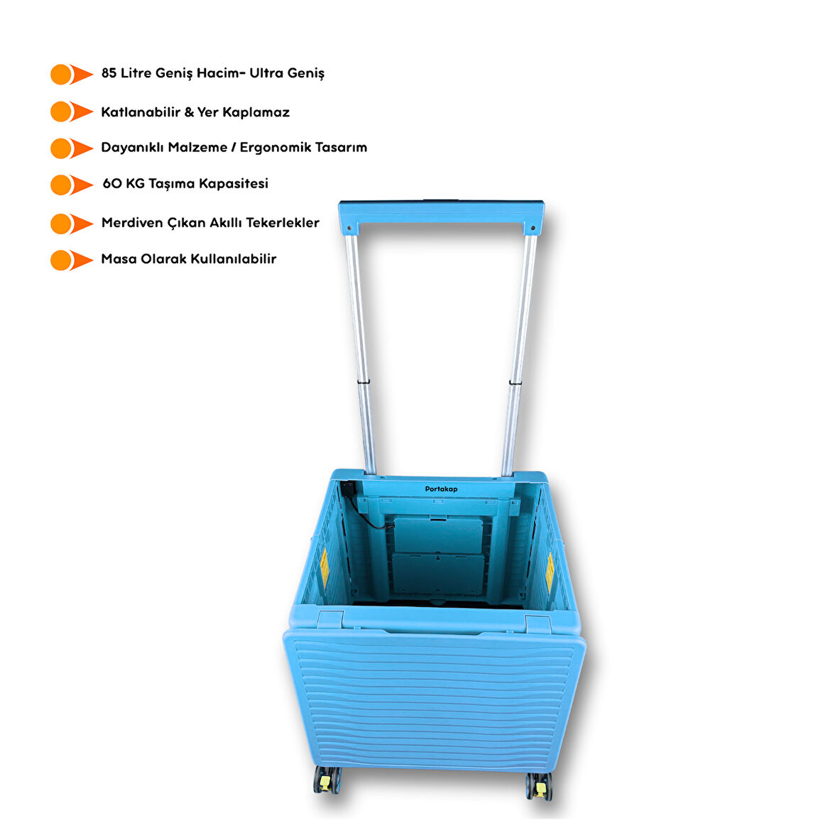 Portakap Ultra Geniş, 8 Tekerlekli, 85 Lt Mavi Katlanır Alışveriş Arabası - Merdiven Çıkan, USB Port Girişli ve Bardak Tutuculu
