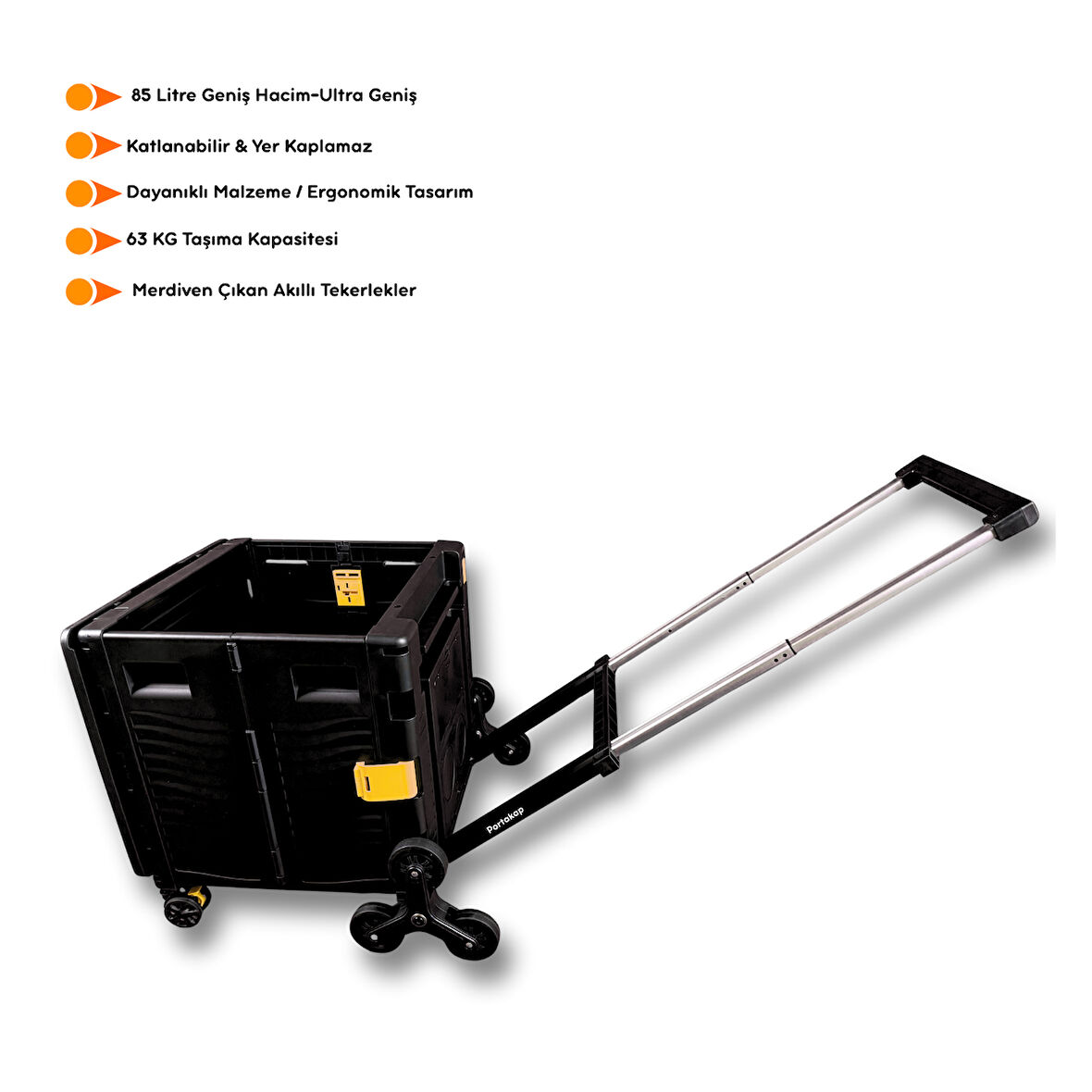 Portakap Ultra Geniş, 8 Tekerlekli, 85 Lt Siyah Katlanır Alışveriş Arabası - Merdiven Çıkan, USB Port Girişli ve Bardak Tutuculu