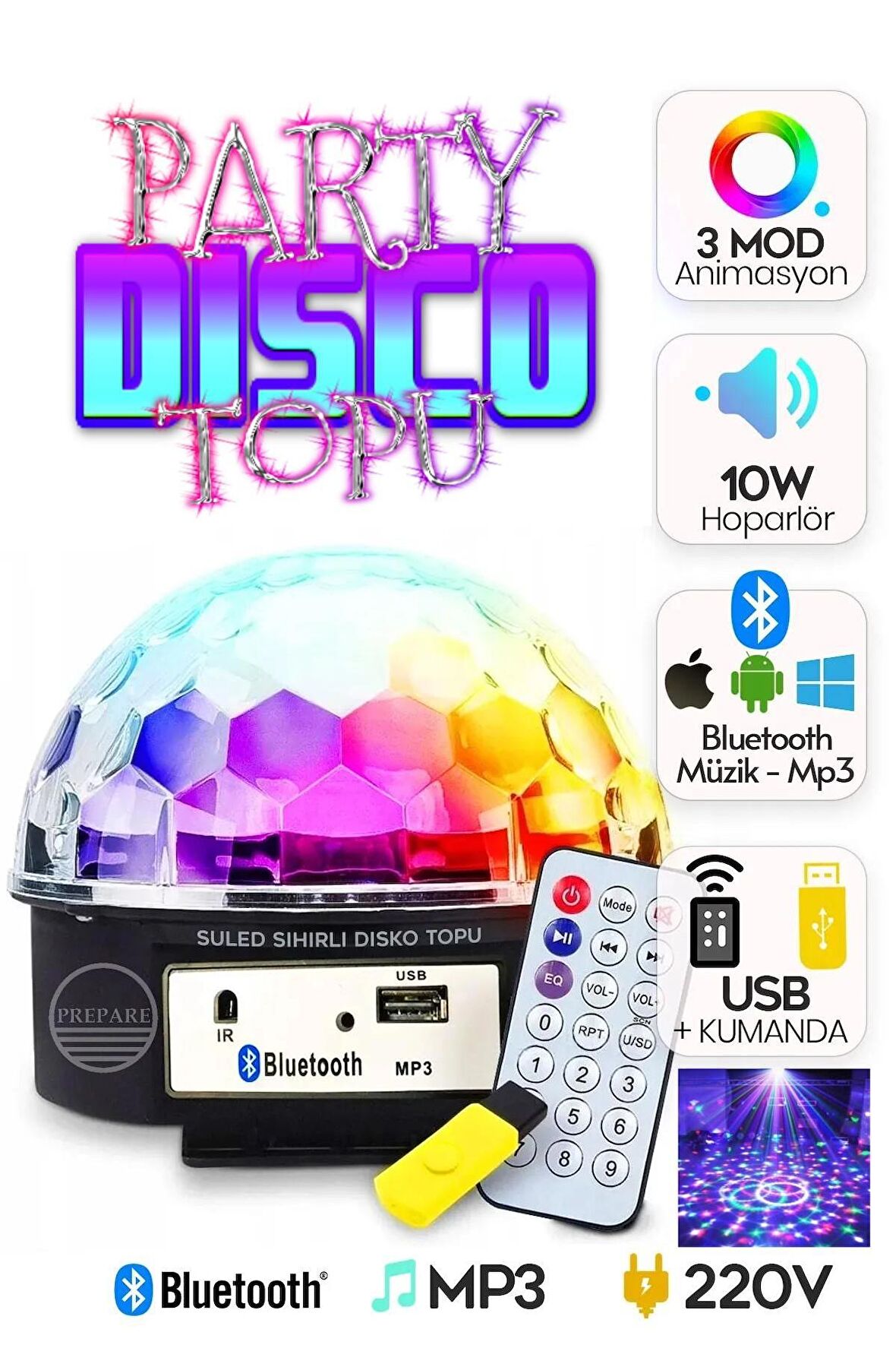 Parti Ve Disko Topu Cristal Sihirli Küre Bluetooth'lu Kumandalı Usb Girişli