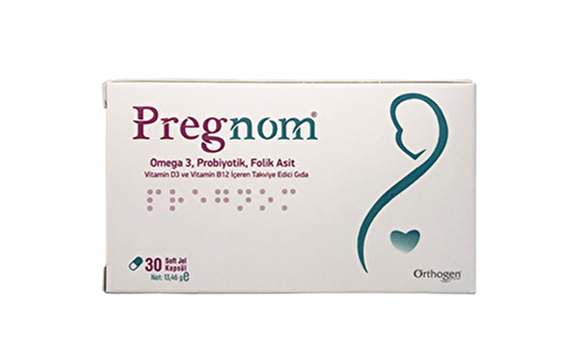 Pregnom Omega 3, Probiyotik, Folik Asit, Vitamin D3 ve Vitamin B12 içeren Takviye Edici Gıda 30 Kapsül