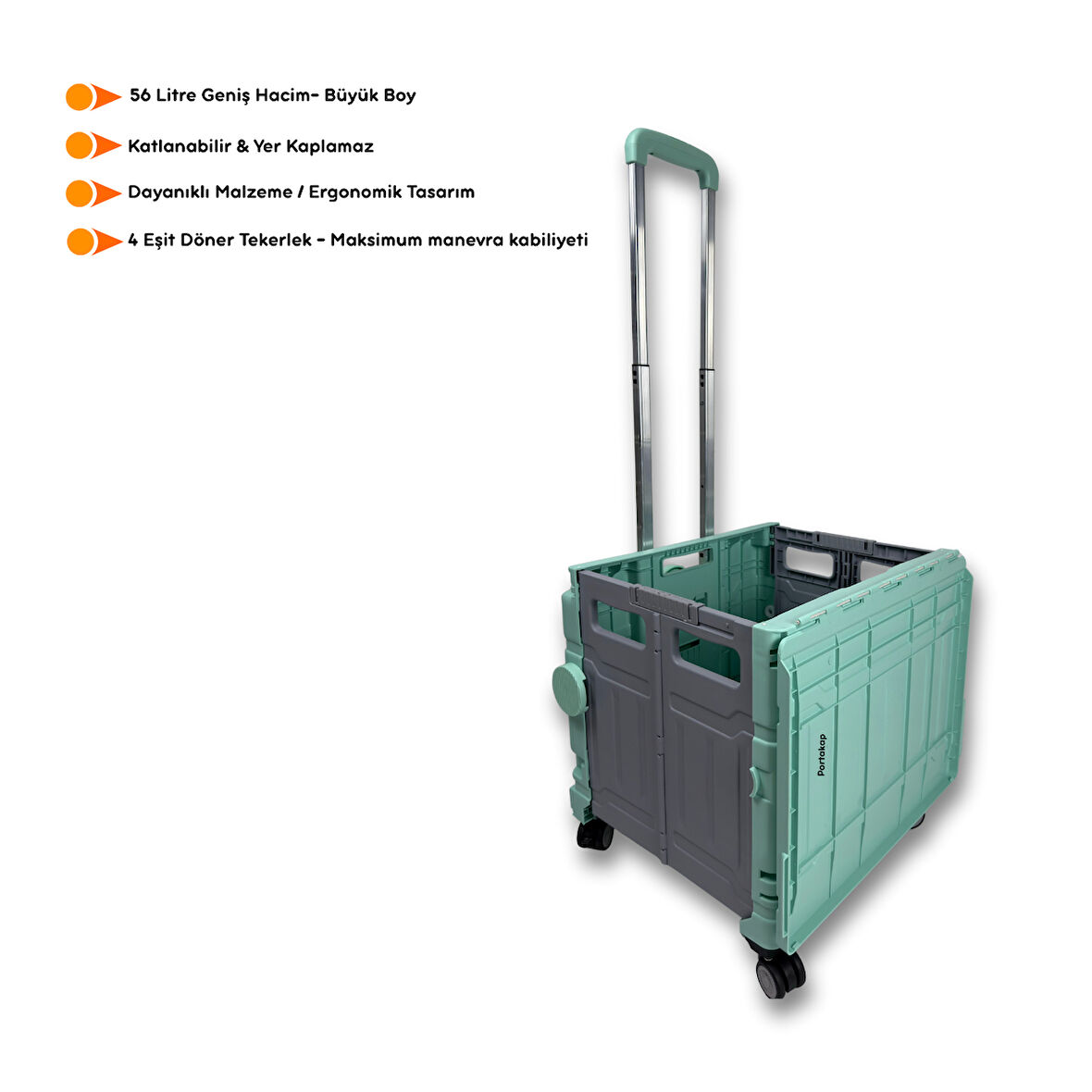 Portakap 4 Tekerlekli Yeşil 56L Büyük Boy Sabit Alüminyum Tutacaklı Alışveriş Arabası
