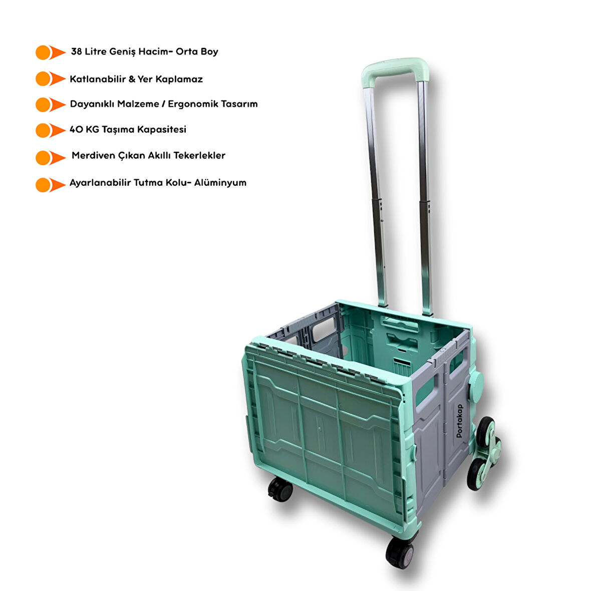 Portakap 8 Tekerlekli Yeşil, 38L Orta Boy Hareketli Alüminyum Tutacaklı Alışveriş Arabası