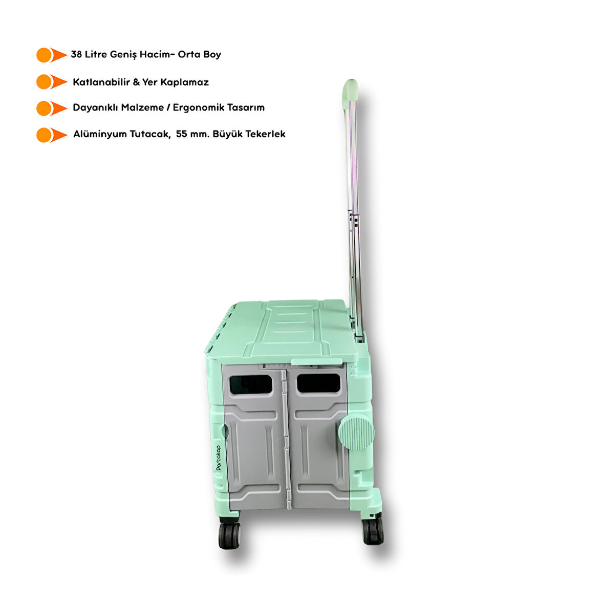 Portakap 4 Tekerlekli Yeşil, 38L Orta Boy, Hareketli Alüminyum Tutacaklı Alışveriş Arabası - 55mm. Büyük Tekerlekli