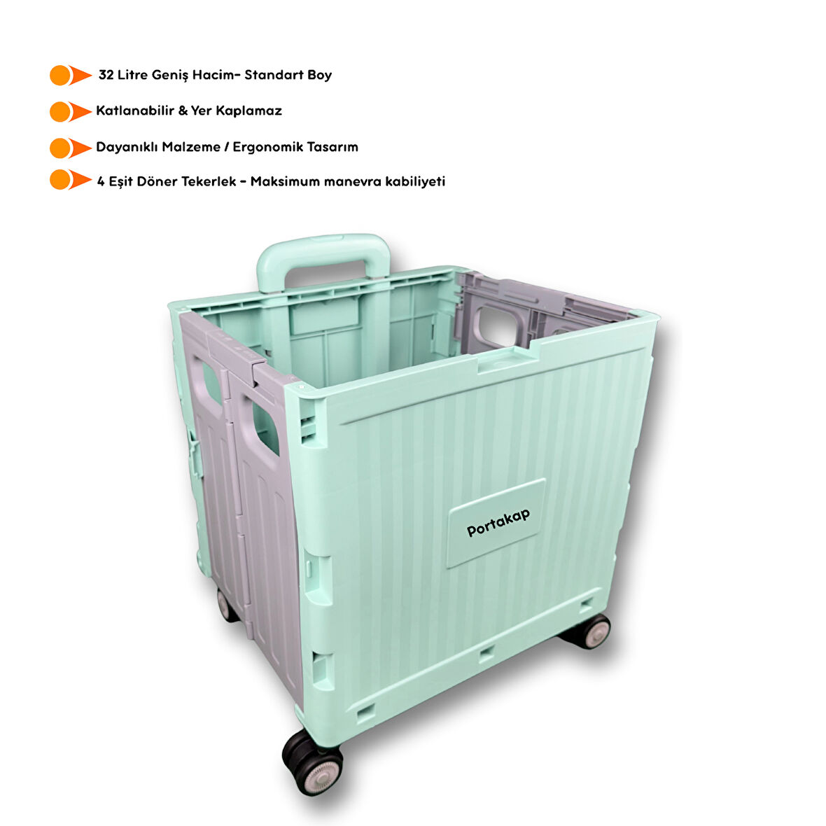 Portakap 4 Tekerlekli, Yeşil, 32L Standart Boy, Sabit Tutacaklı Alışveriş Arabası